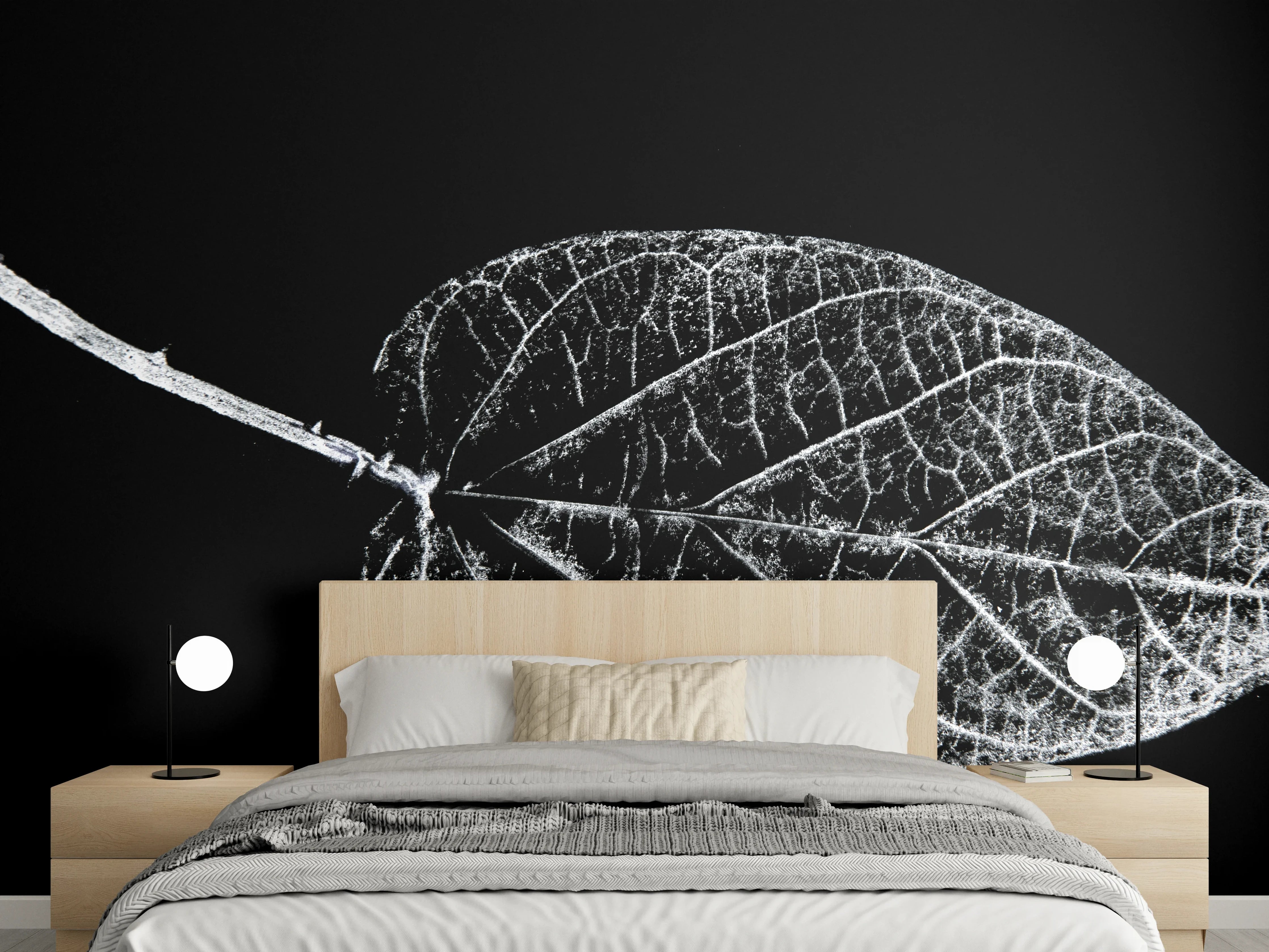 Wandverkleidung Schlafzimmer - Schwarz-weiße Blattstruktur Naturdesign