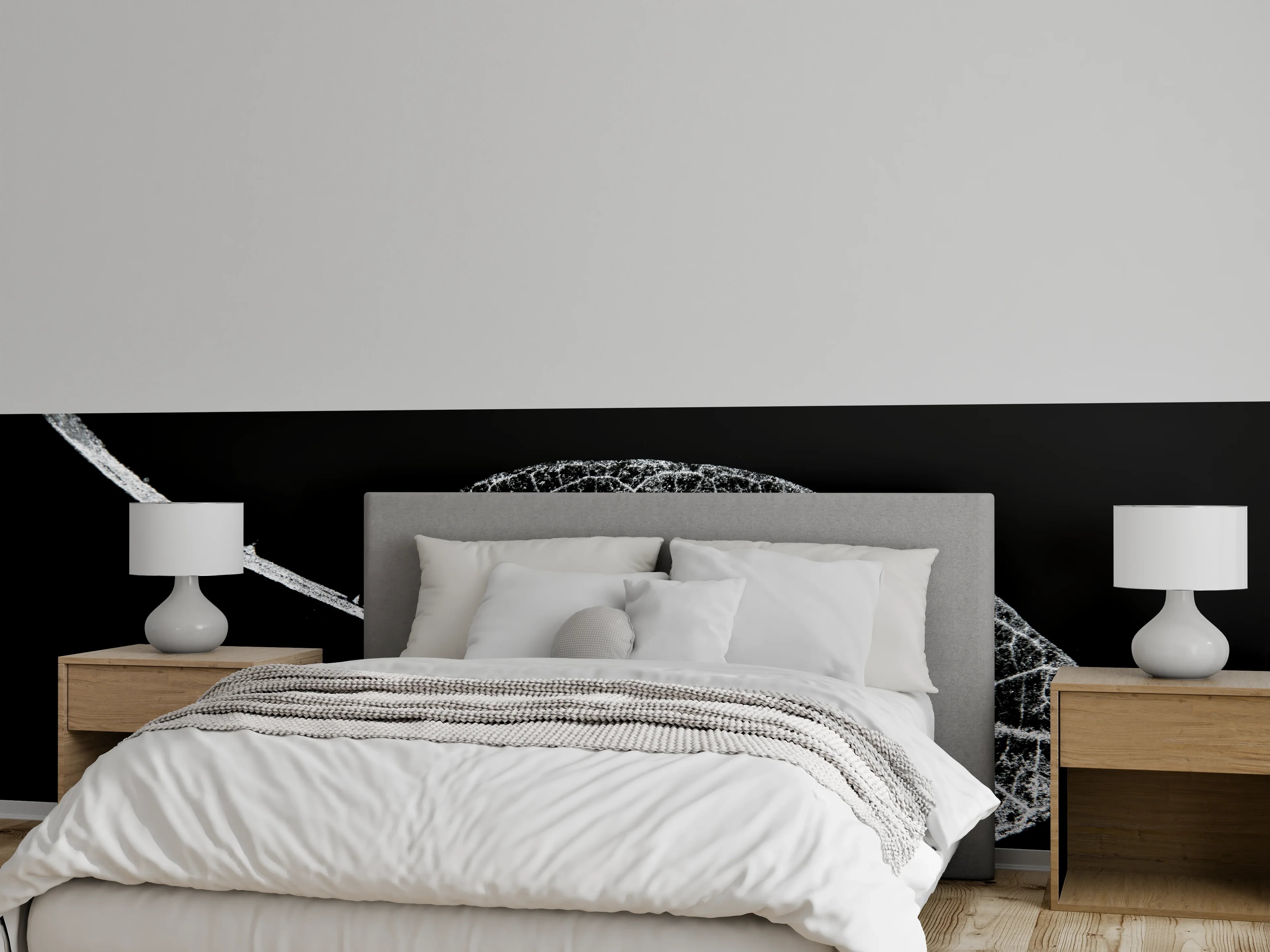 Wandverkleidung Schlafzimmer - Schwarz-weiße Blattstruktur Naturdesign
