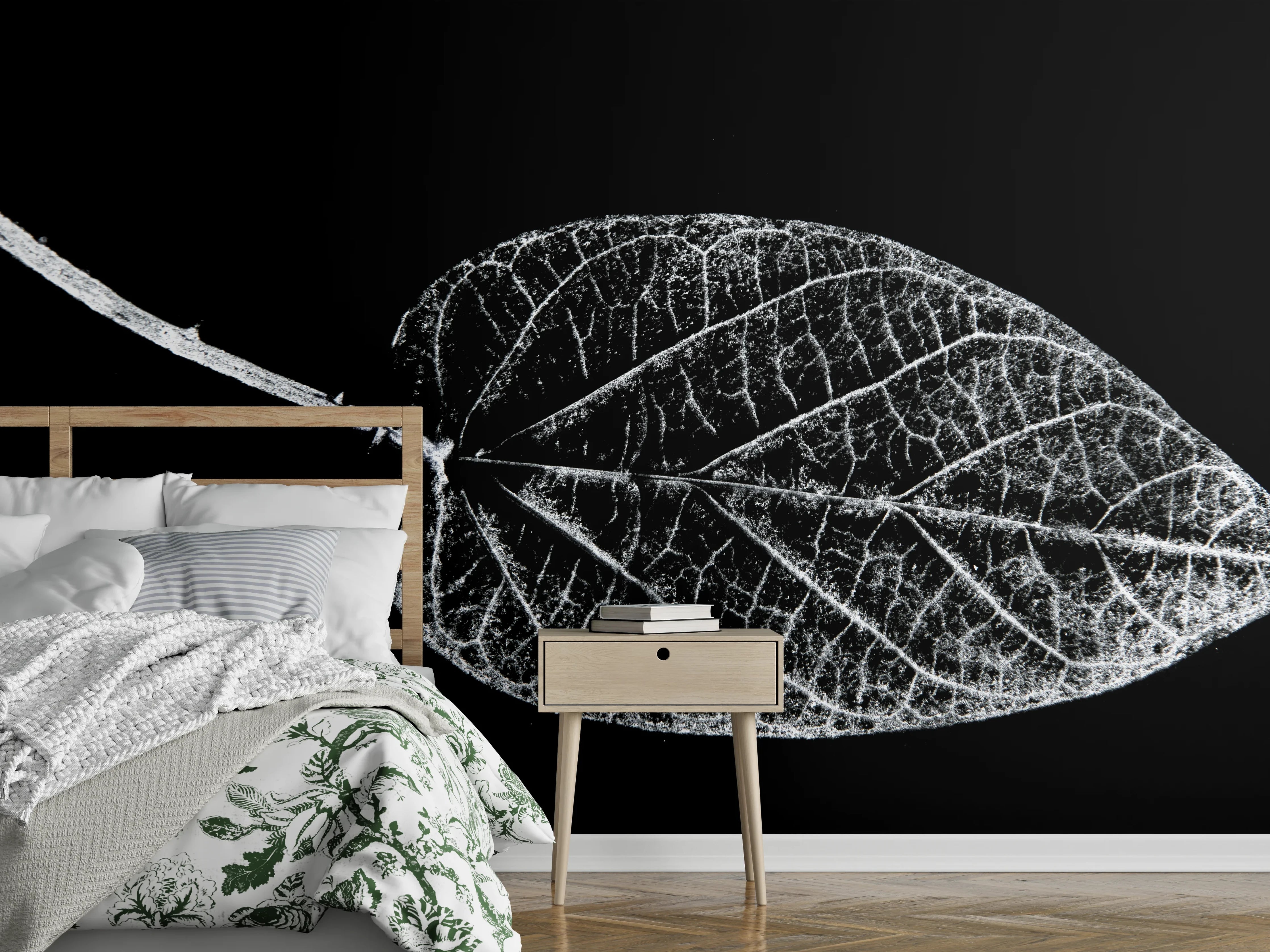 Wandverkleidung Schlafzimmer - Schwarz-weiße Blattstruktur Naturdesign