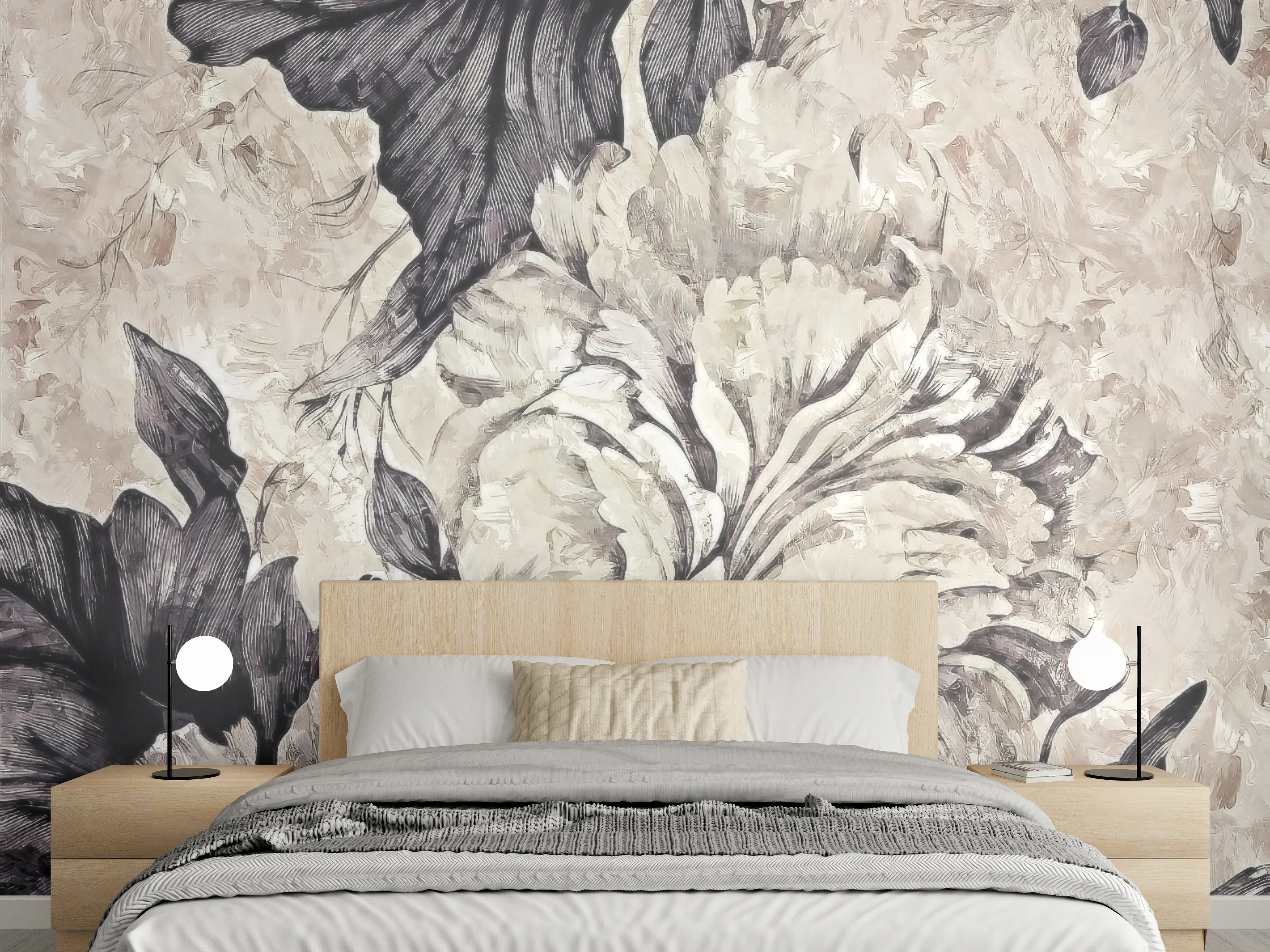 Wandverkleidung Schlafzimmer - Schwarz-weiße Blumen-Malerei Tapete