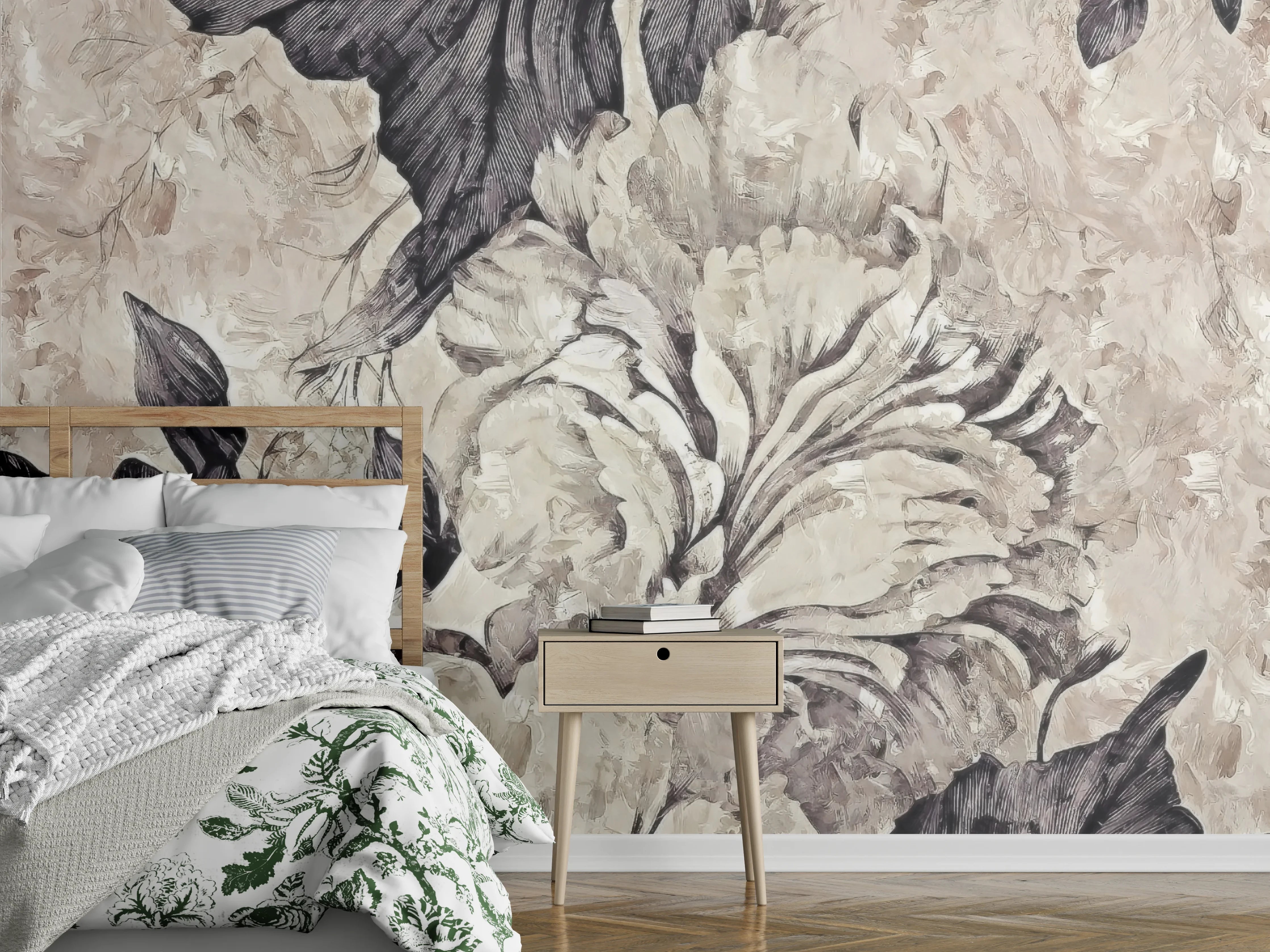 Wandverkleidung Schlafzimmer - Schwarz-weiße Blumen-Malerei Tapete