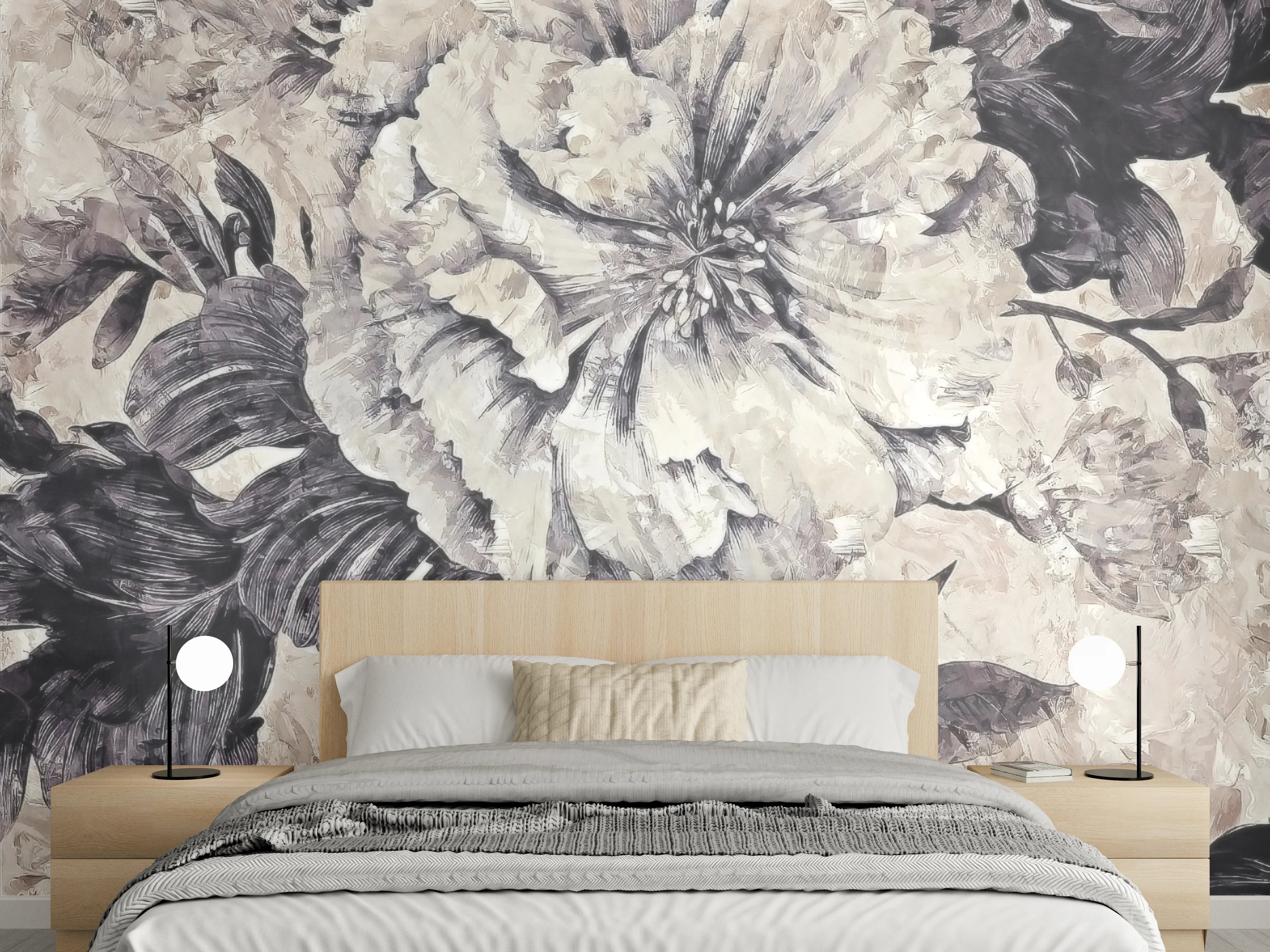 Wandverkleidung Schlafzimmer - Schwarz-weiße Blumenmalerei auf Beige