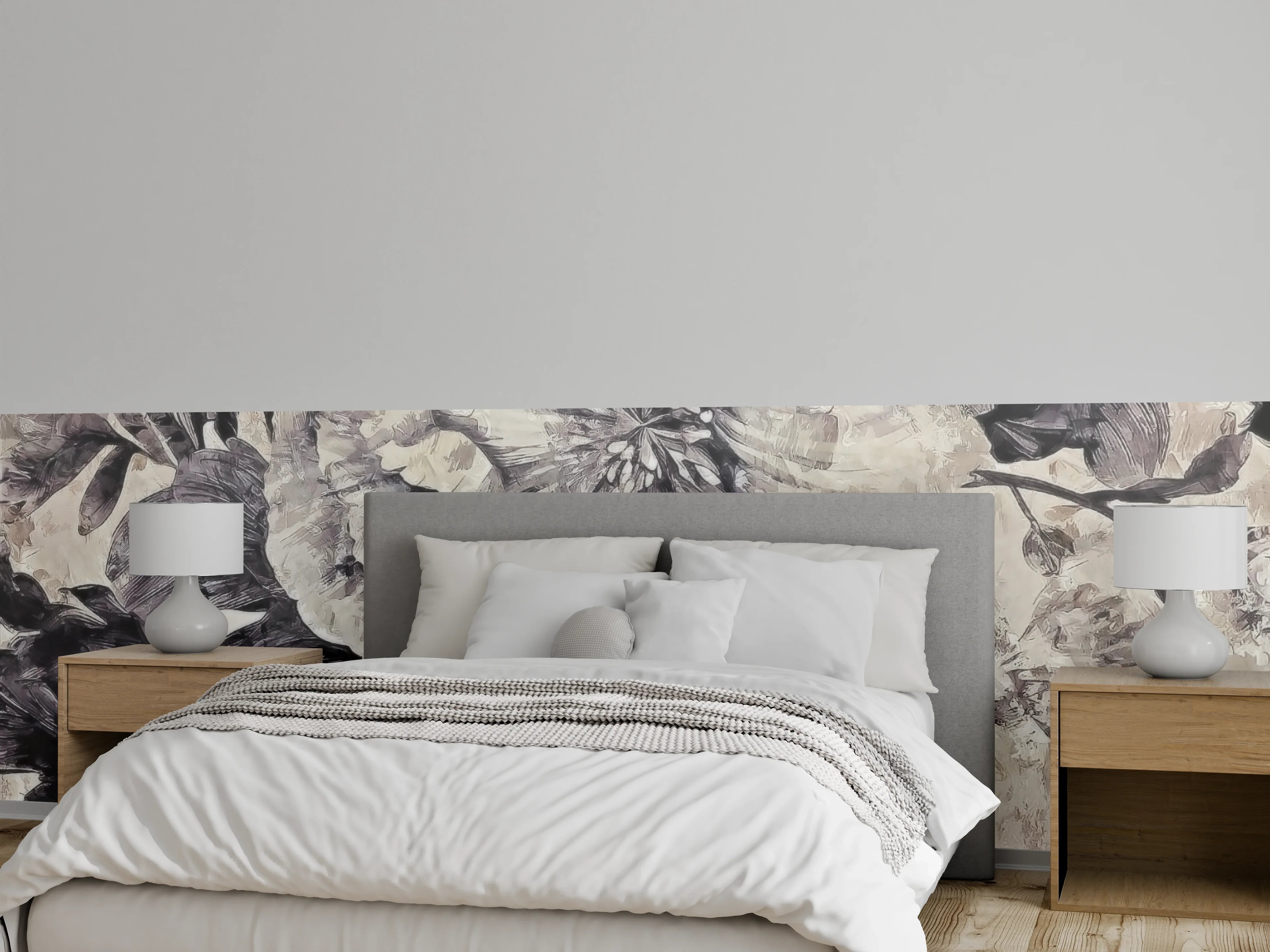 Wandverkleidung Schlafzimmer - Schwarz-weiße Blumenmalerei auf Beige