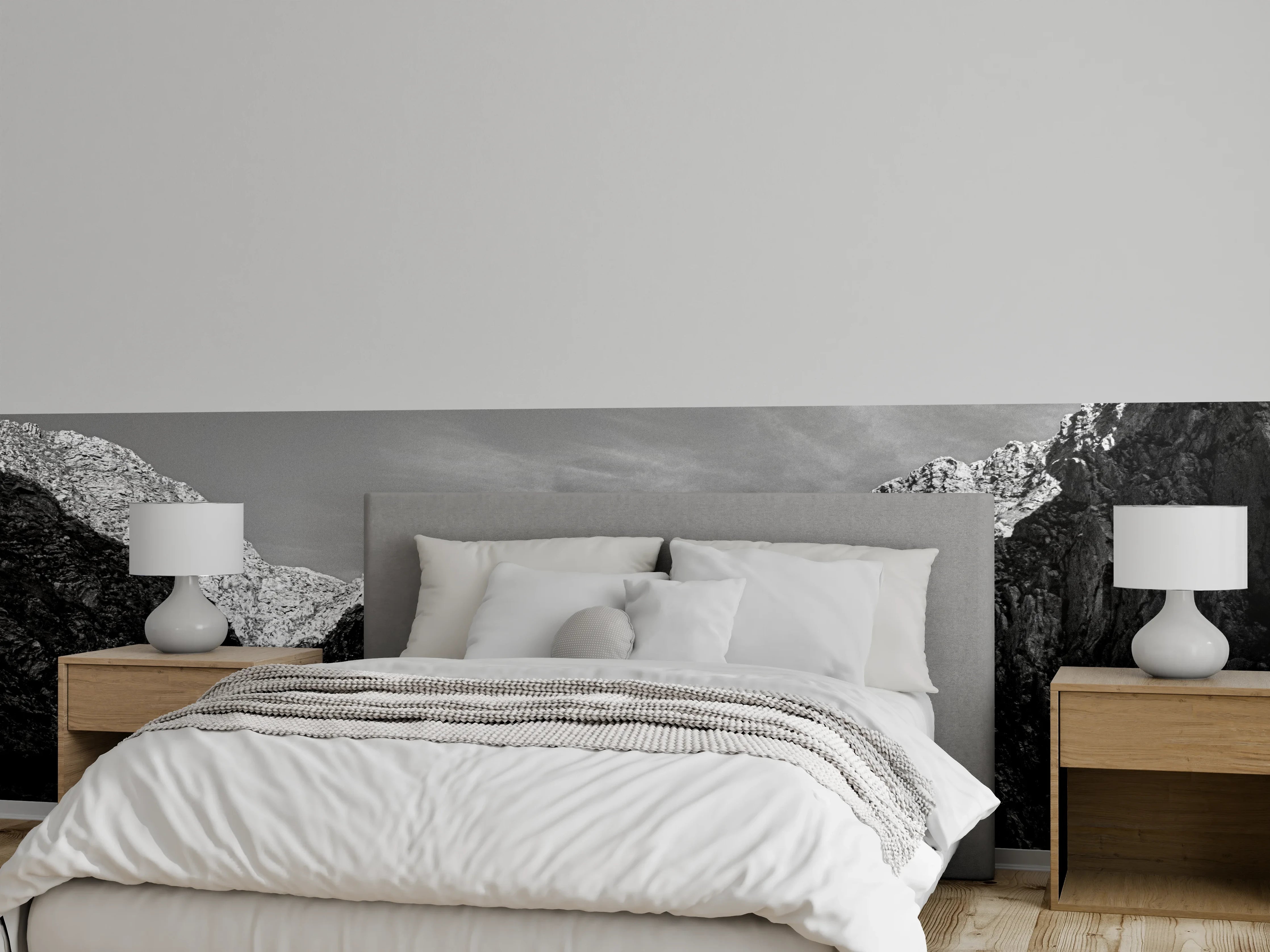 Wandverkleidung Schlafzimmer - Schwarz-weiße Gebirgslandschaft mit Felsen