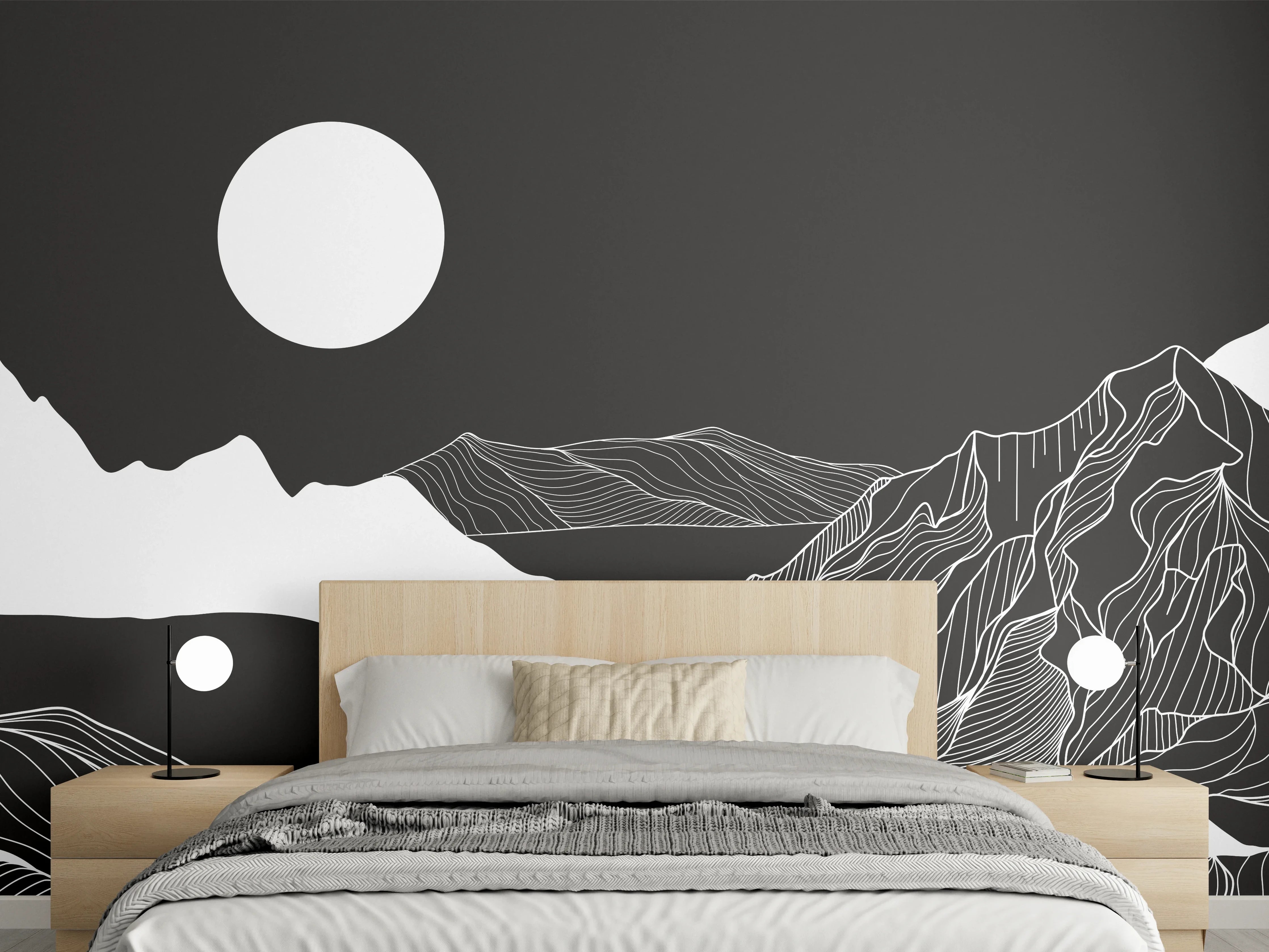 Wandverkleidung Schlafzimmer - Schwarz-weiße Lineart Berglandschaft Kunst