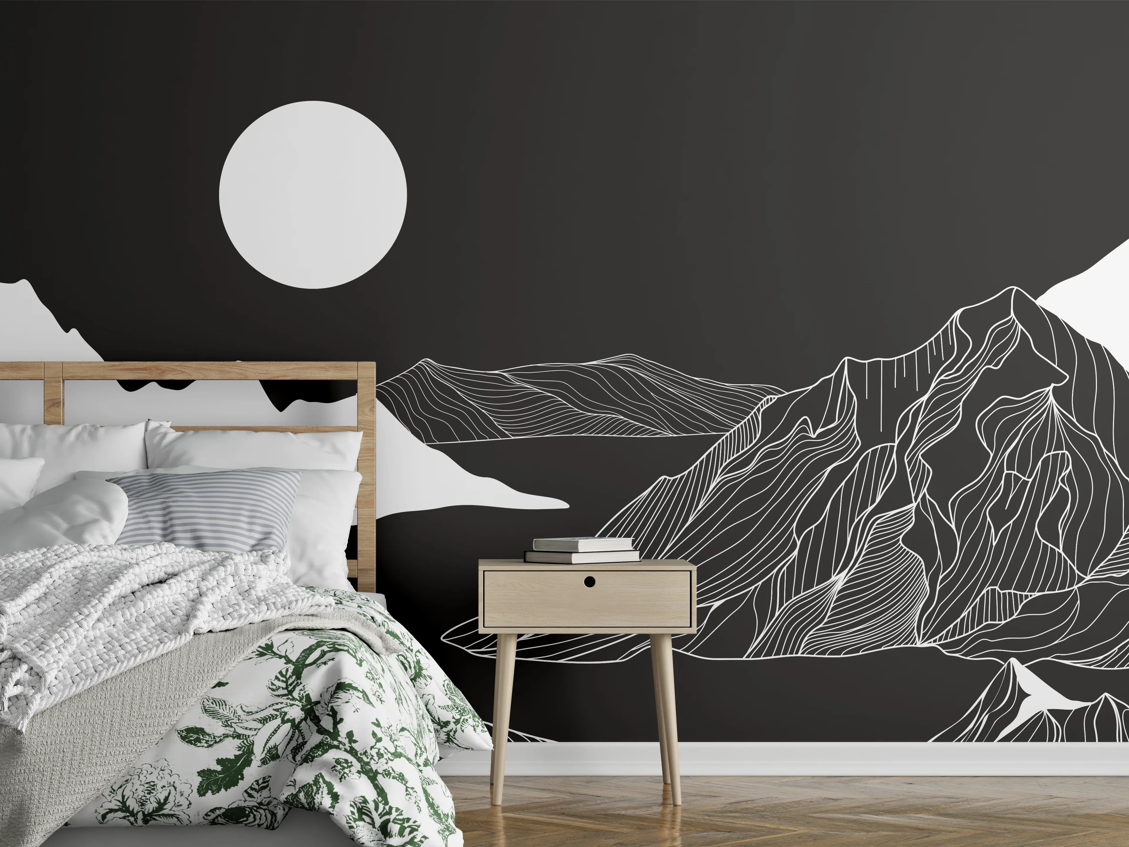 Wandverkleidung Schlafzimmer - Schwarz-weiße Lineart Berglandschaft Kunst