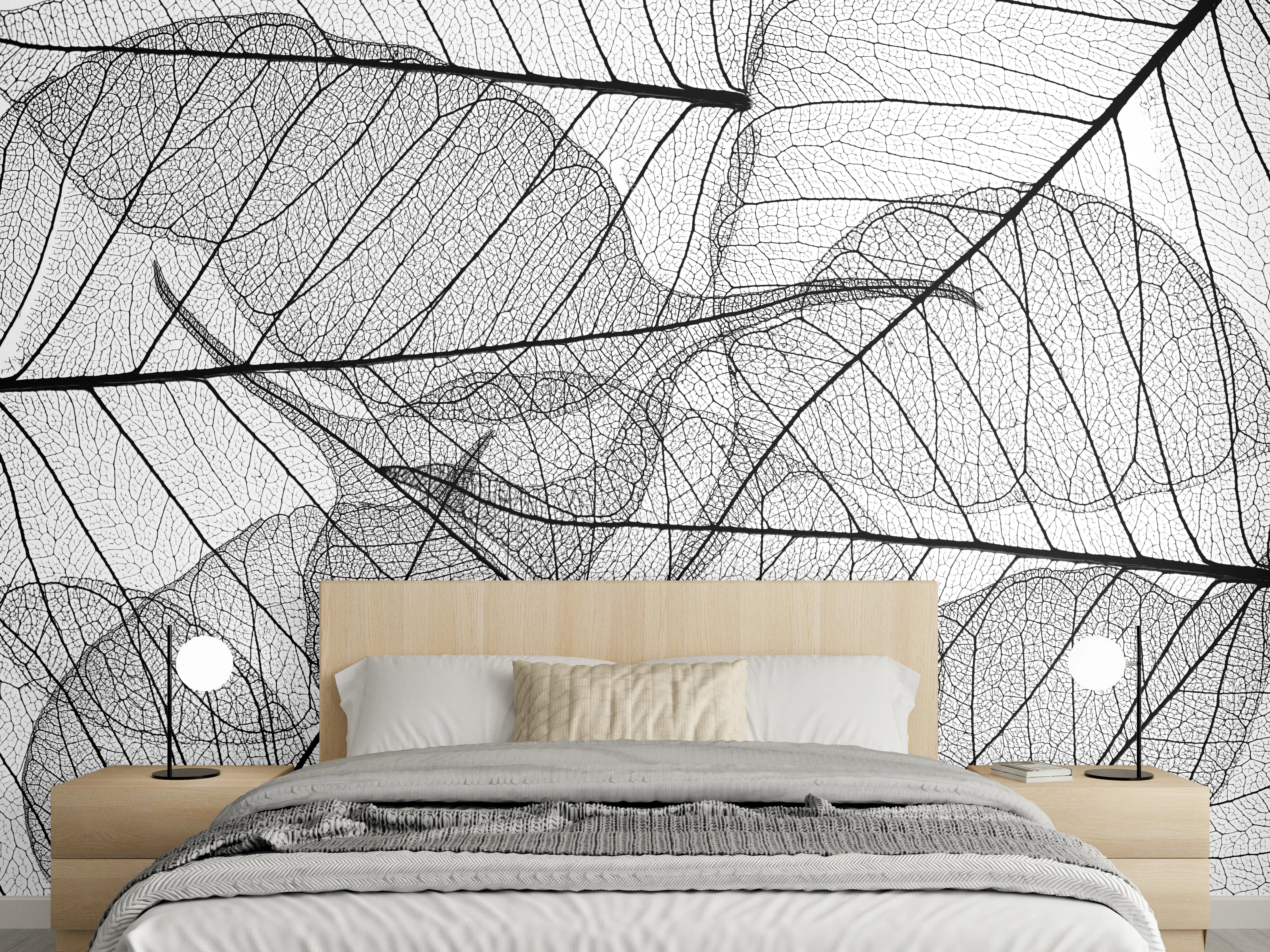Wandverkleidung Schlafzimmer - Schwarz-weiße filigrane Blättermuster Tapete