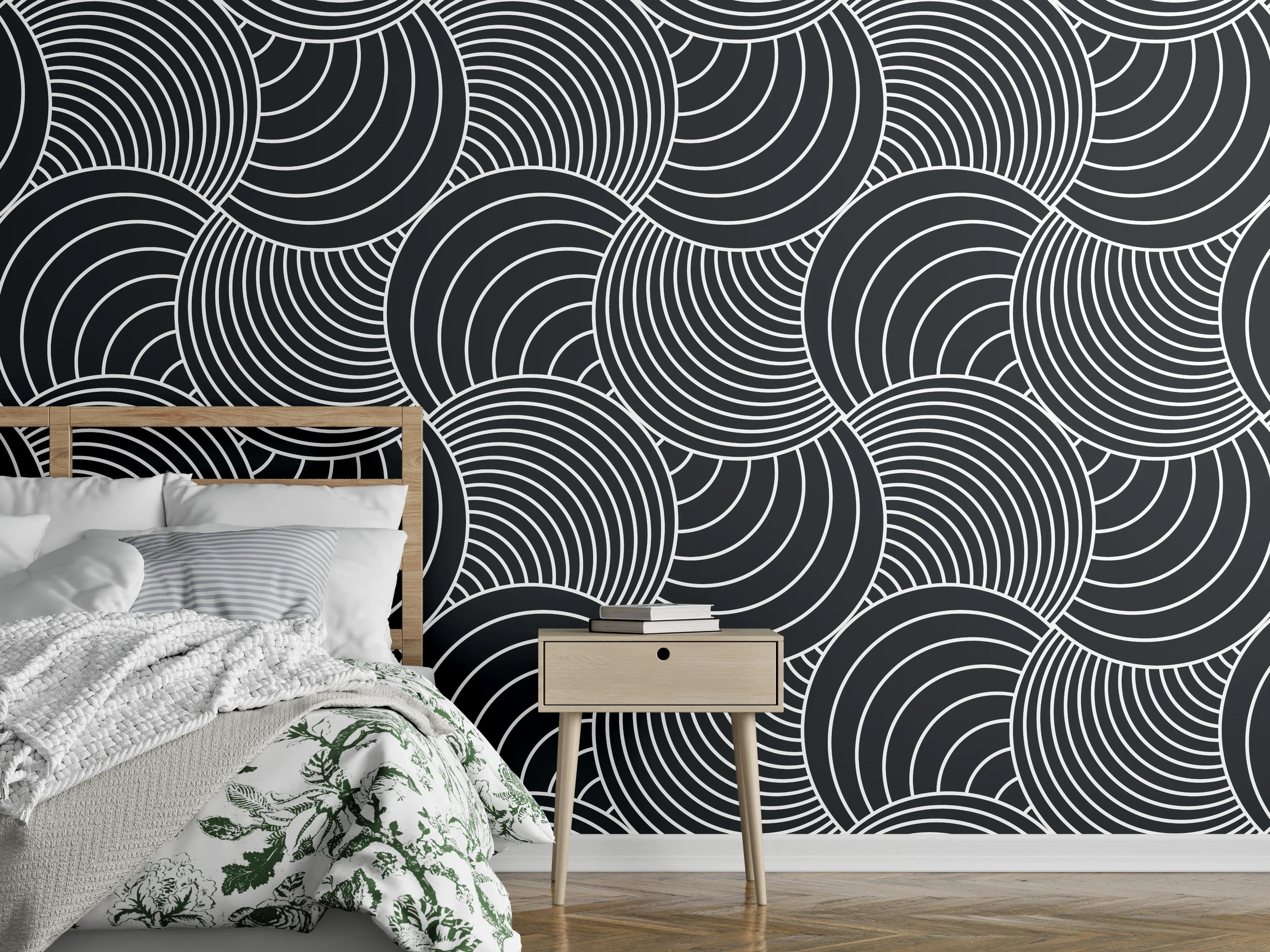Wandverkleidung Schlafzimmer - Schwarz-weißes Wellenmuster für Wand