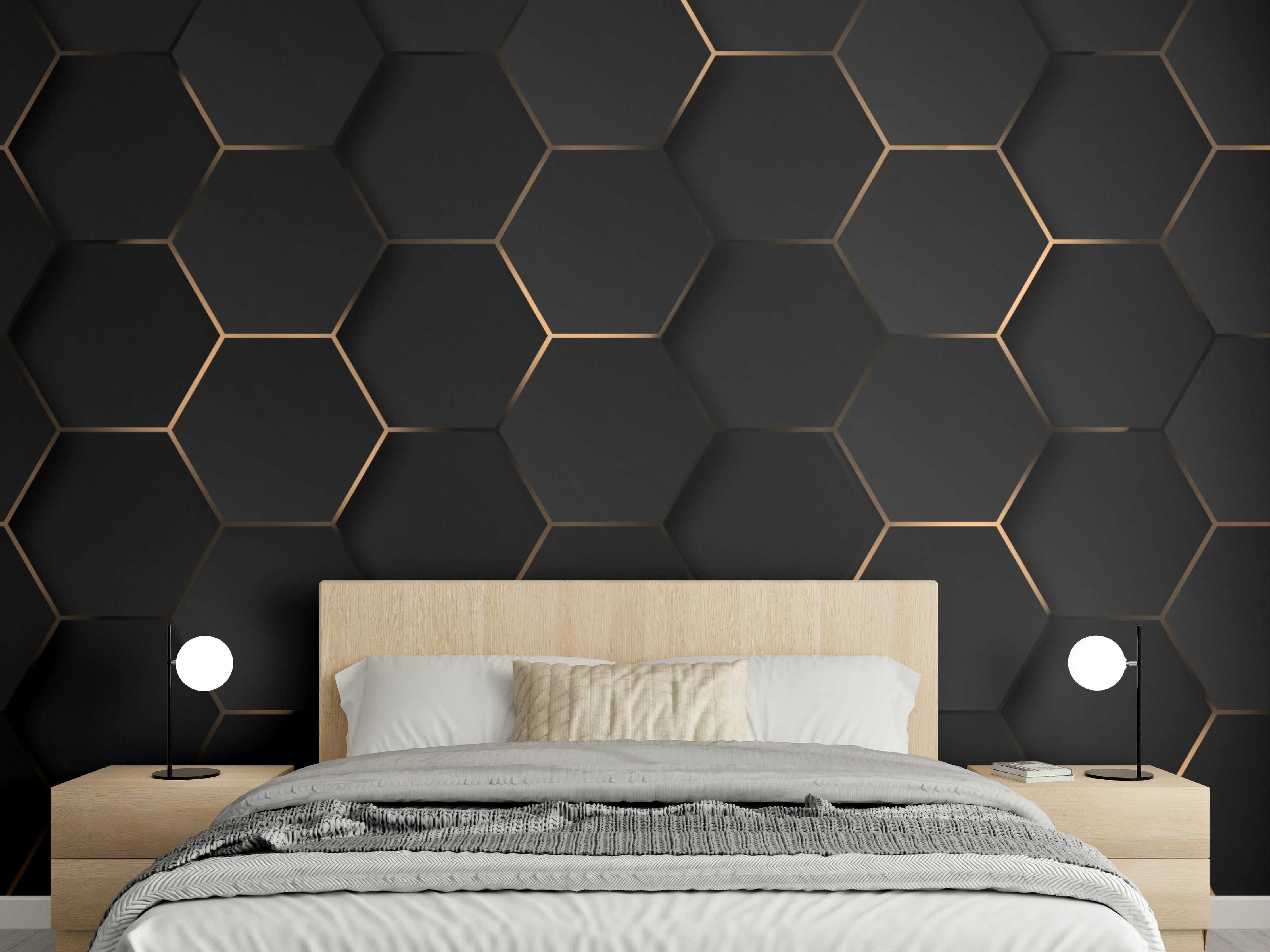 Wandverkleidung Schlafzimmer - Schwarze Hexagonale Oberfläche mit Goldakzenten