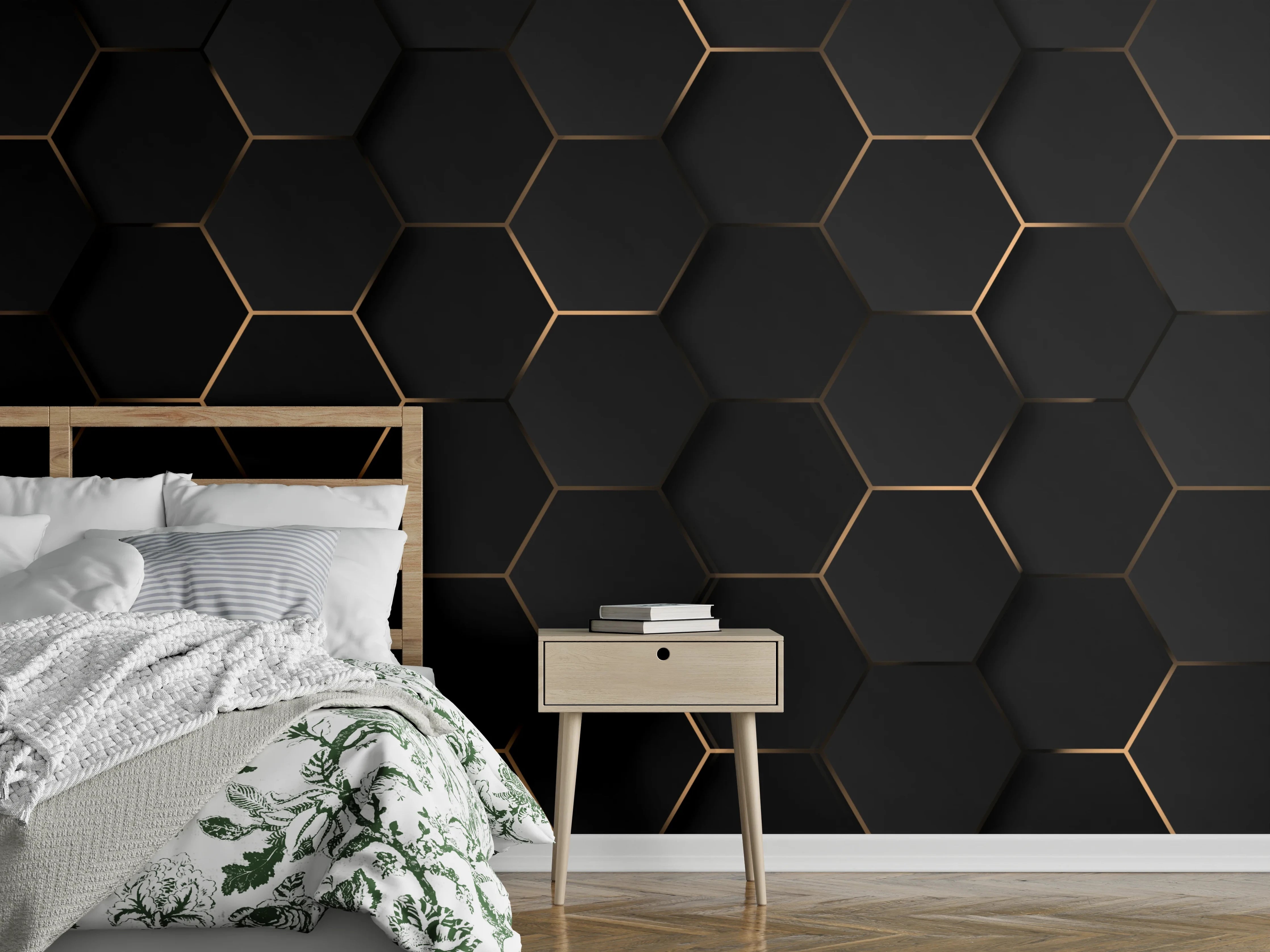 Wandverkleidung Schlafzimmer - Schwarze Hexagonale Oberfläche mit Goldakzenten