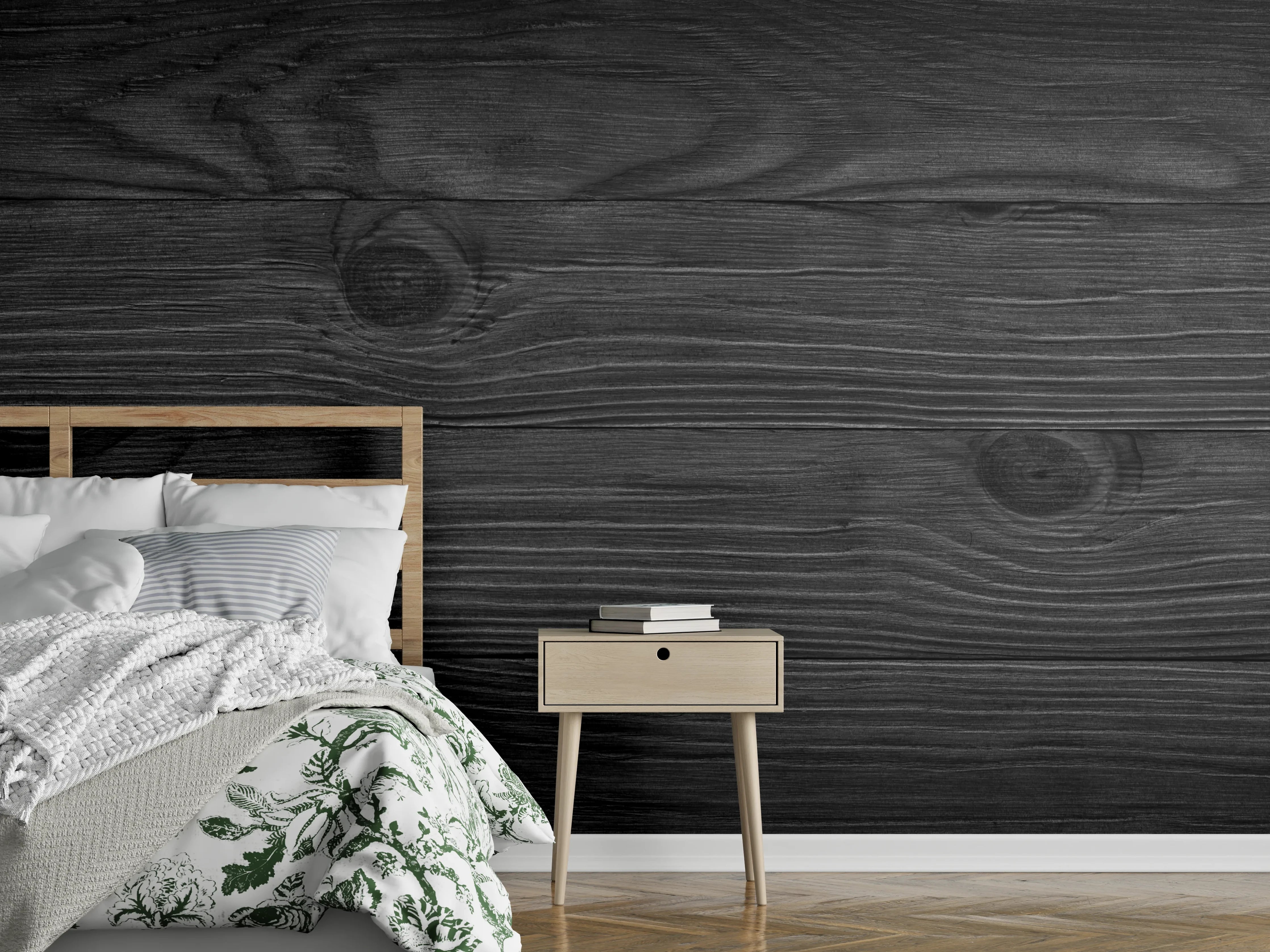 Wandverkleidung Schlafzimmer - Schwarze Holzwand mit dunkler Maserung
