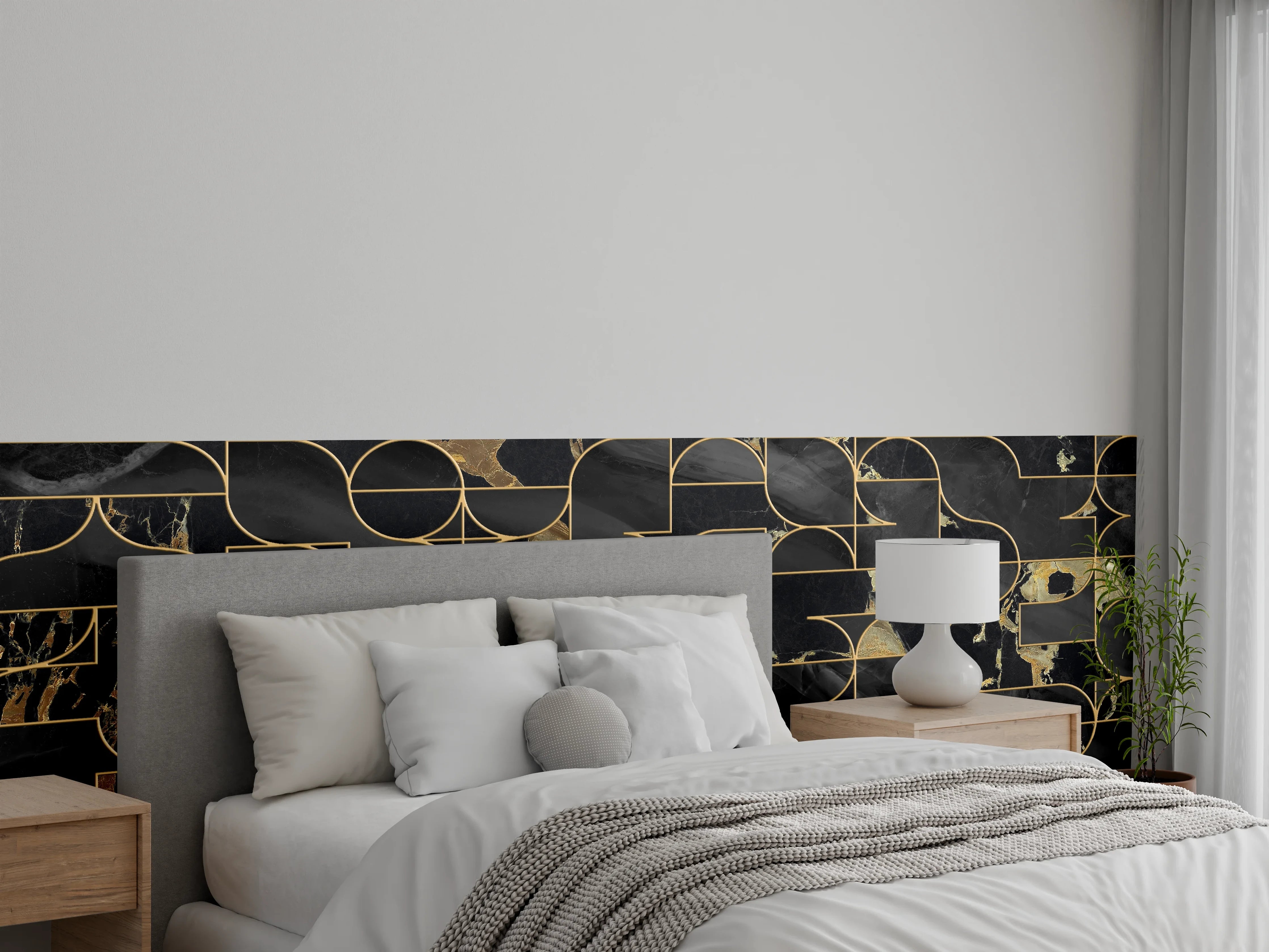 Wandverkleidung Schlafzimmer - Schwarze Marmor-Optik mit Goldlinien