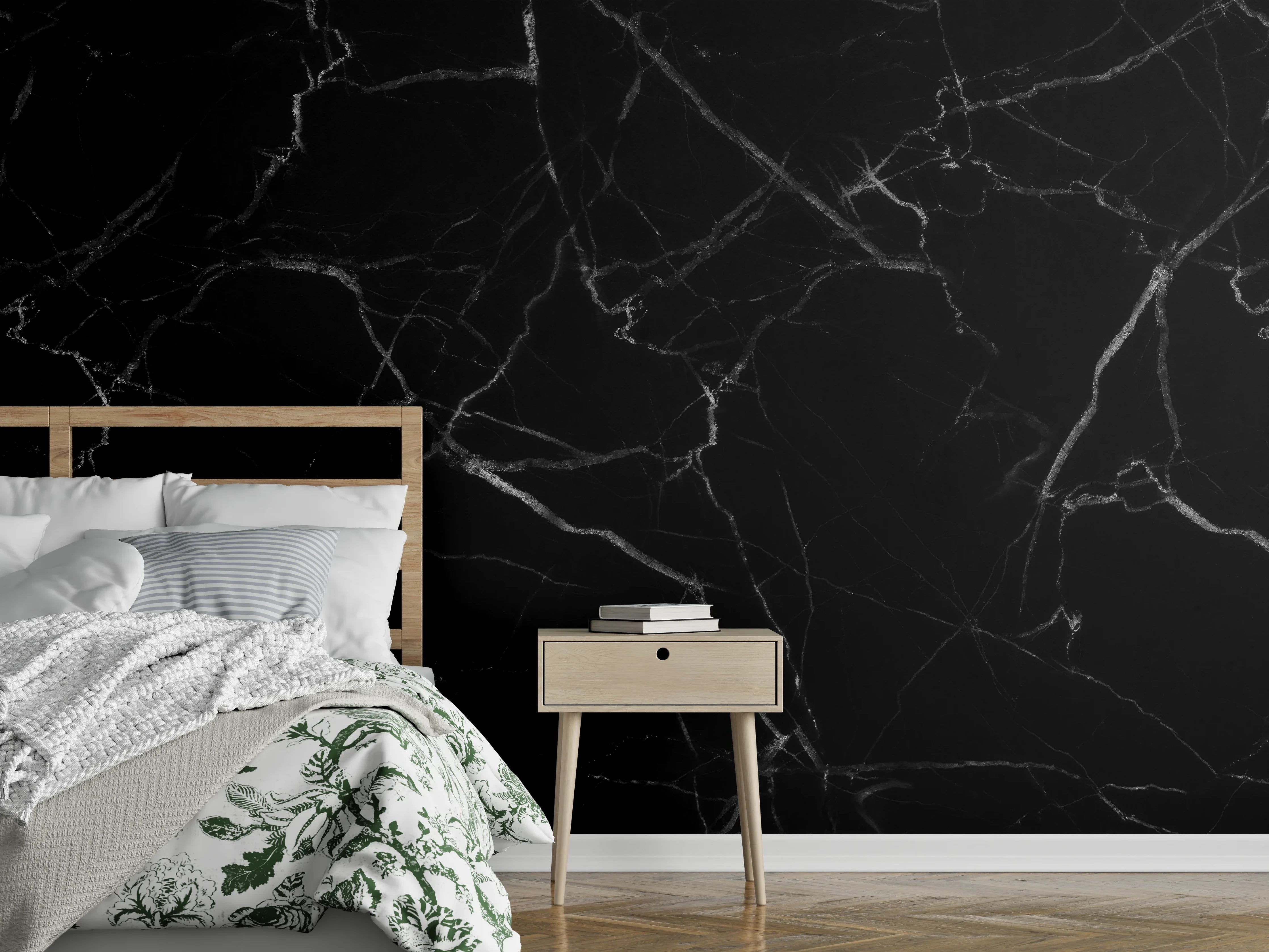 Wandverkleidung Schlafzimmer - Schwarze Marmor-Textur mit weißen Adern