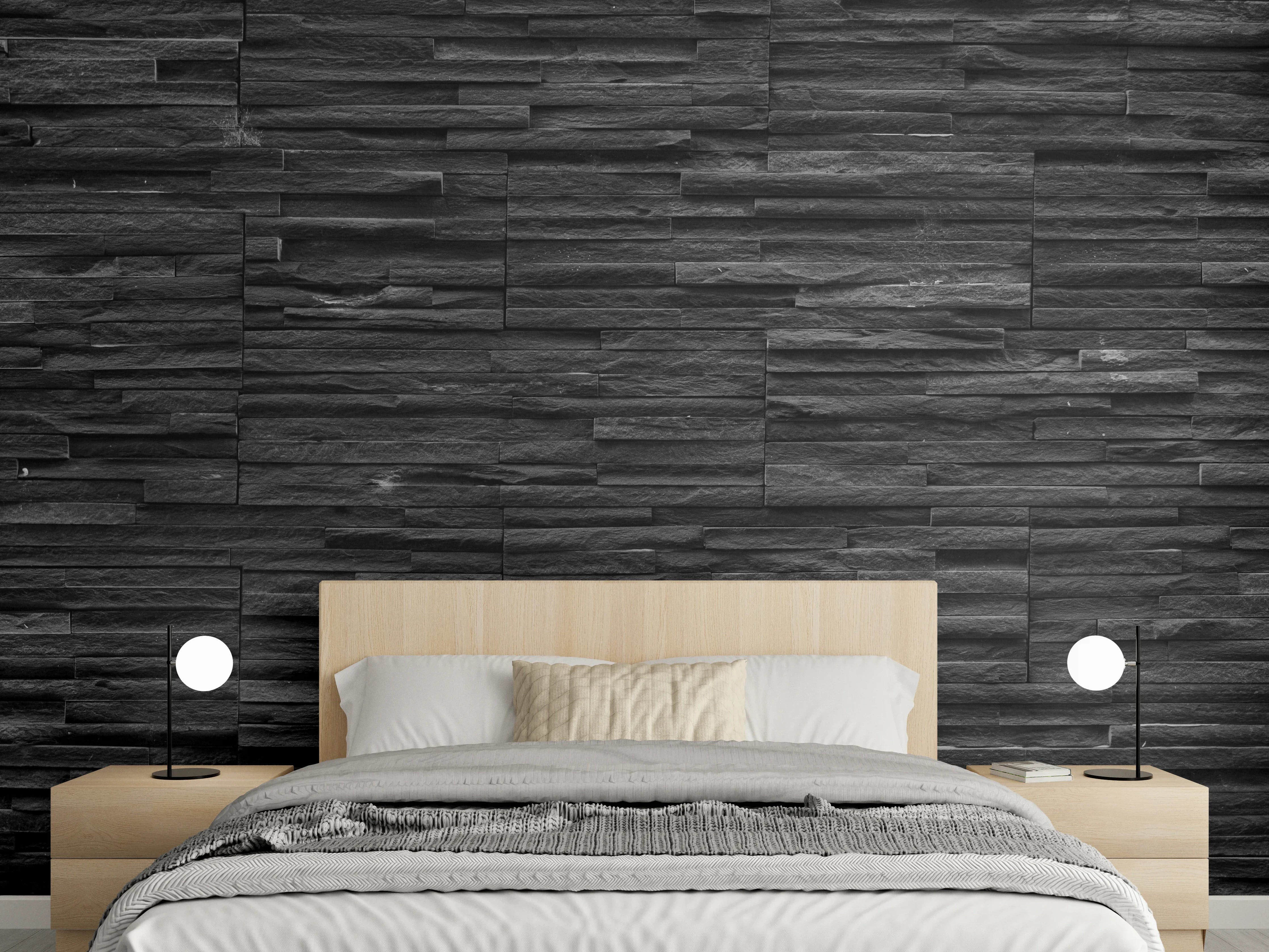 Wandverkleidung Schlafzimmer - Schwarze Schieferstein-Mauer