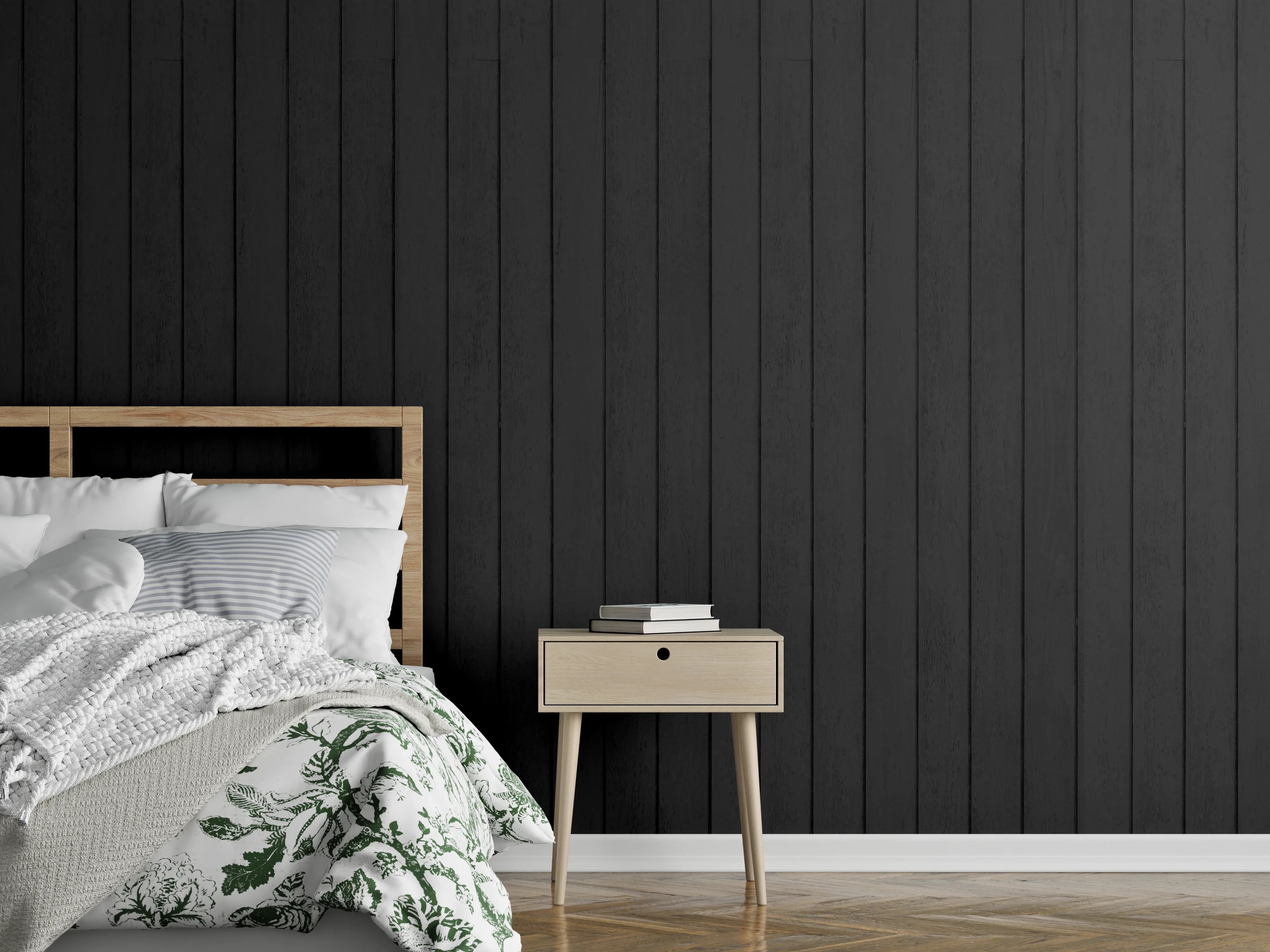 Wandverkleidung Schlafzimmer - Schwarze Wand mit feinen Vertikallinien