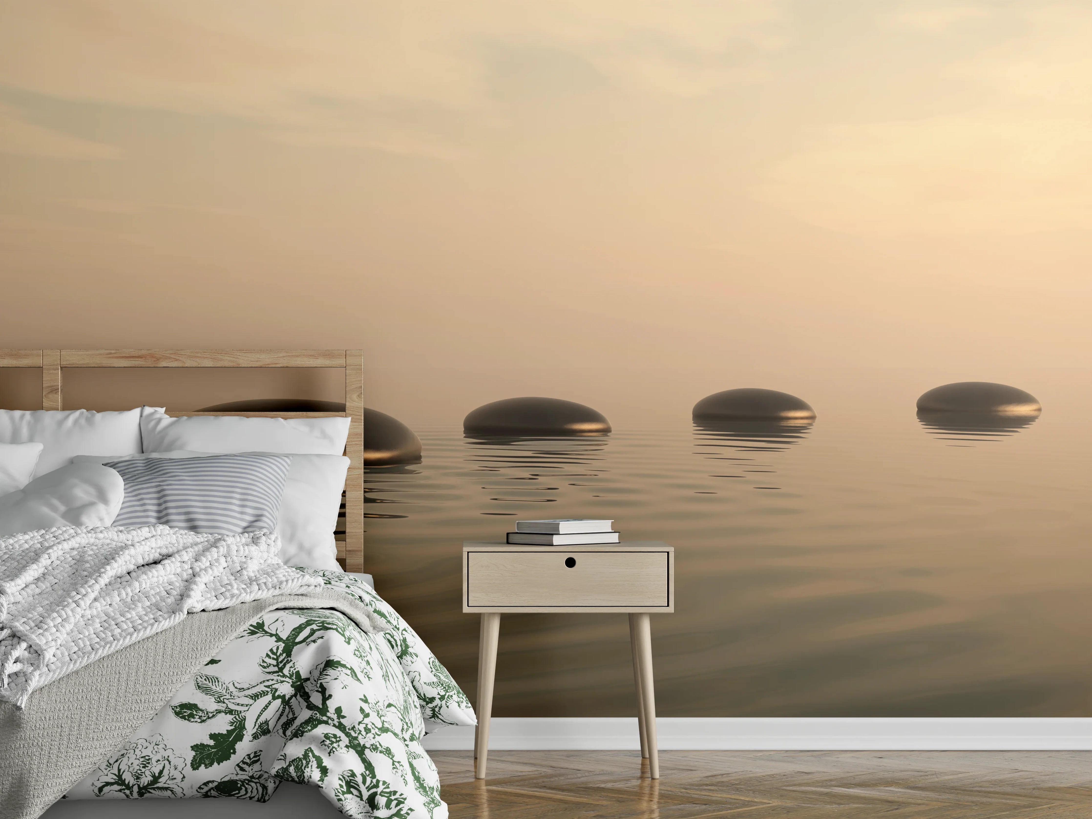 Wandverkleidung Schlafzimmer - Schwarze Zen-Steine auf ruhigem Beige