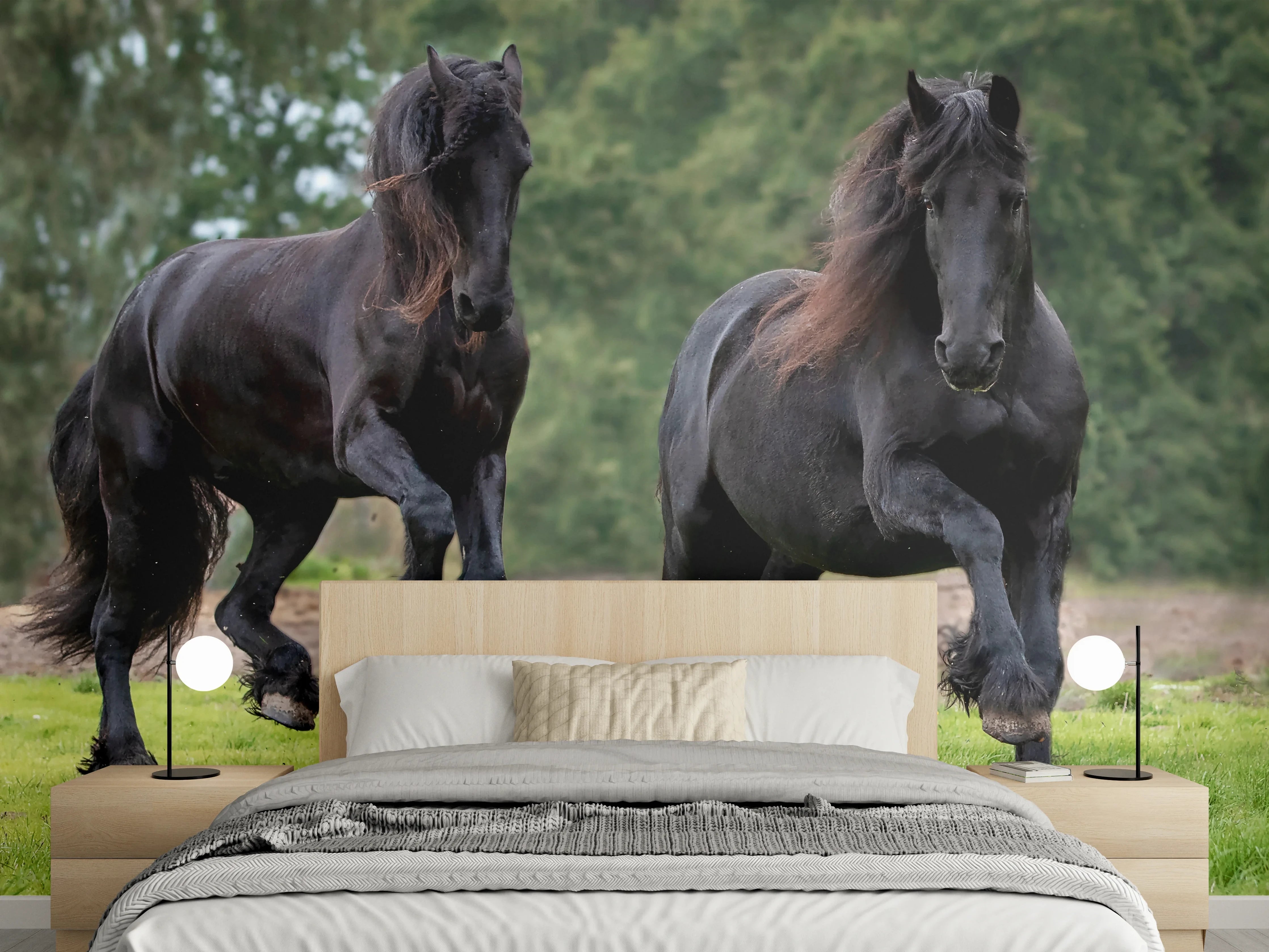 Wandverkleidung Schlafzimmer - Schwarze prächtige Friesenpferde