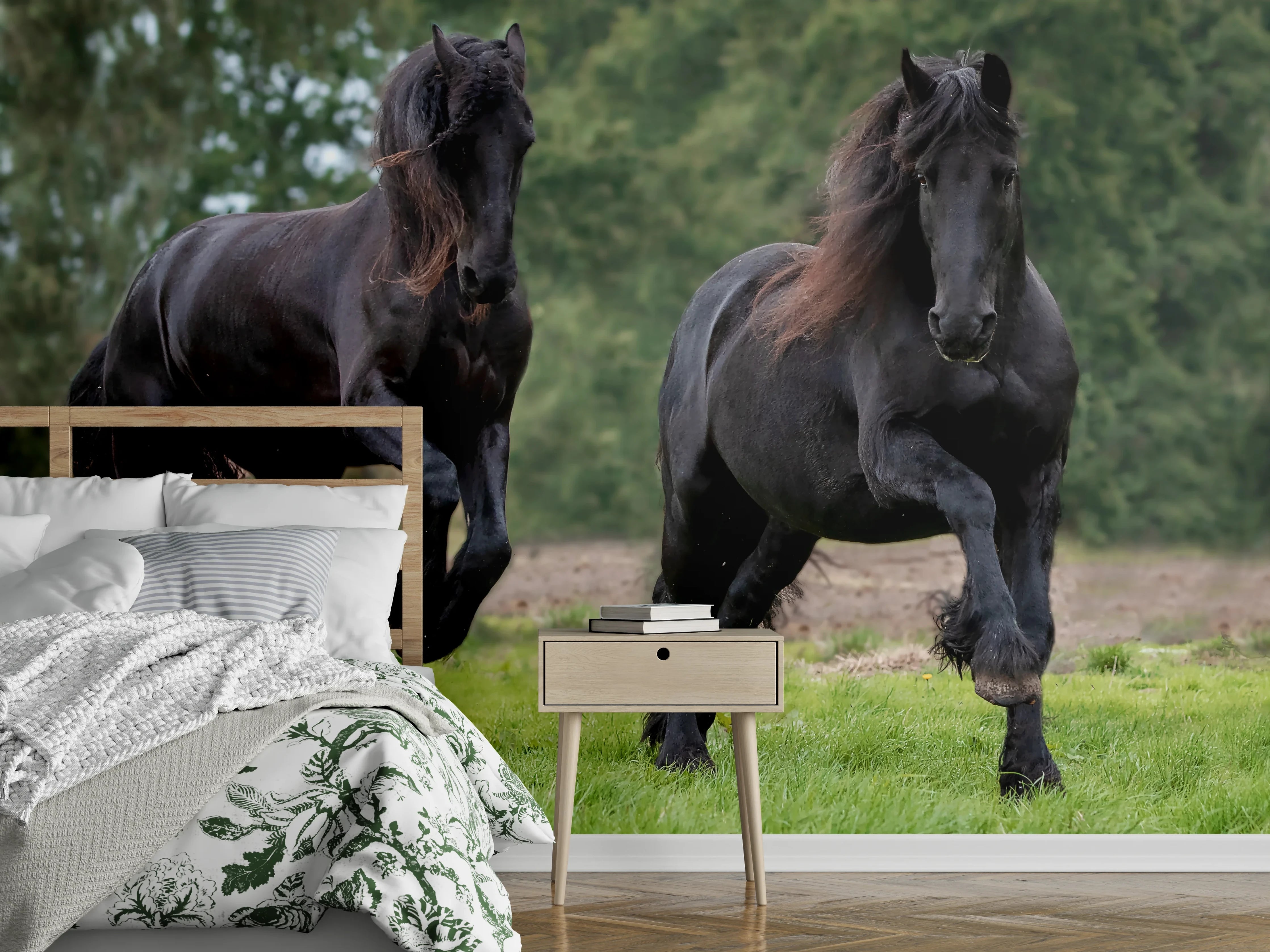 Wandverkleidung Schlafzimmer - Schwarze prächtige Friesenpferde