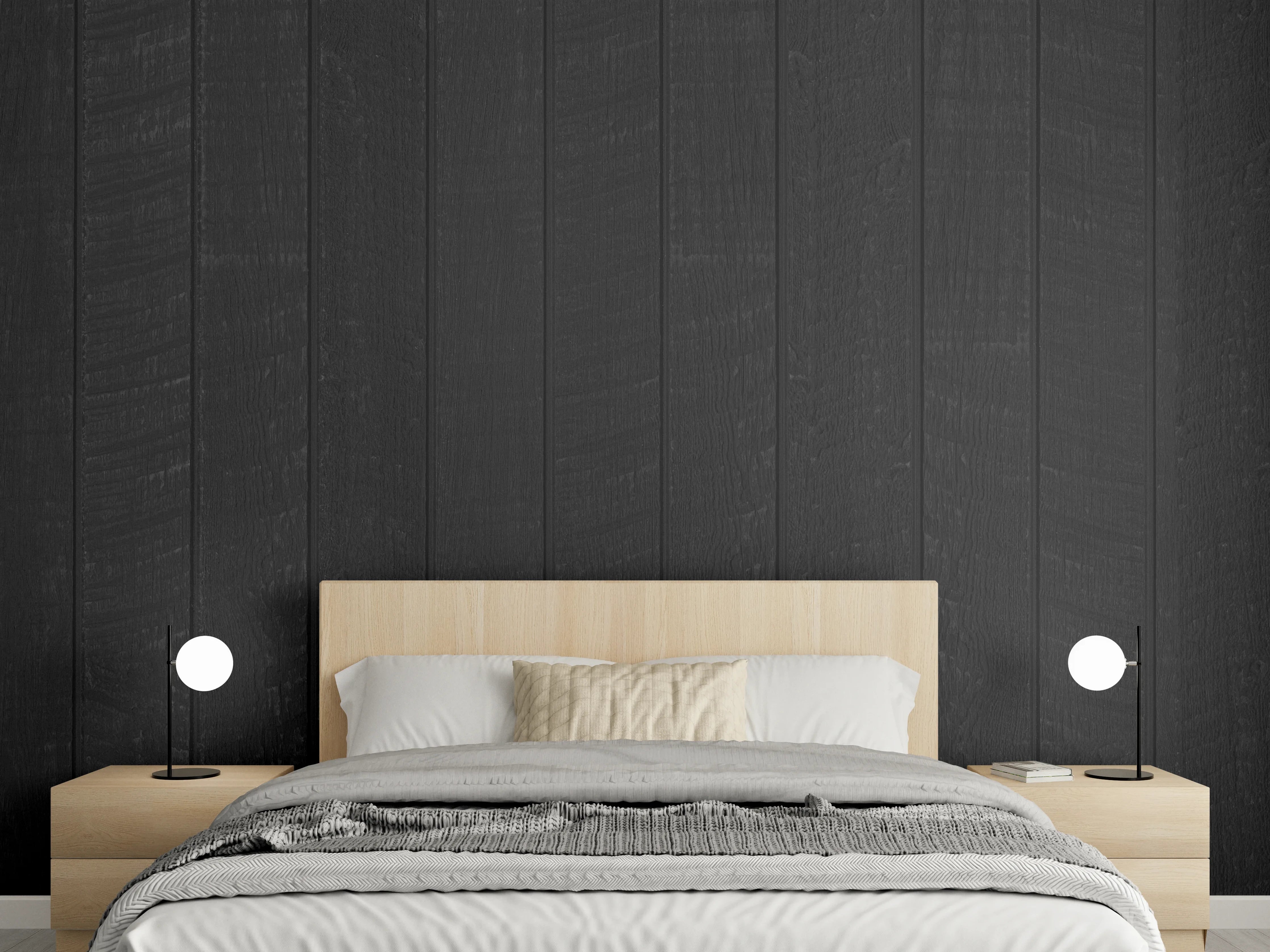 Wandverkleidung Schlafzimmer - Schwarzer Holzzaun mit vertikalen Holzbrättern