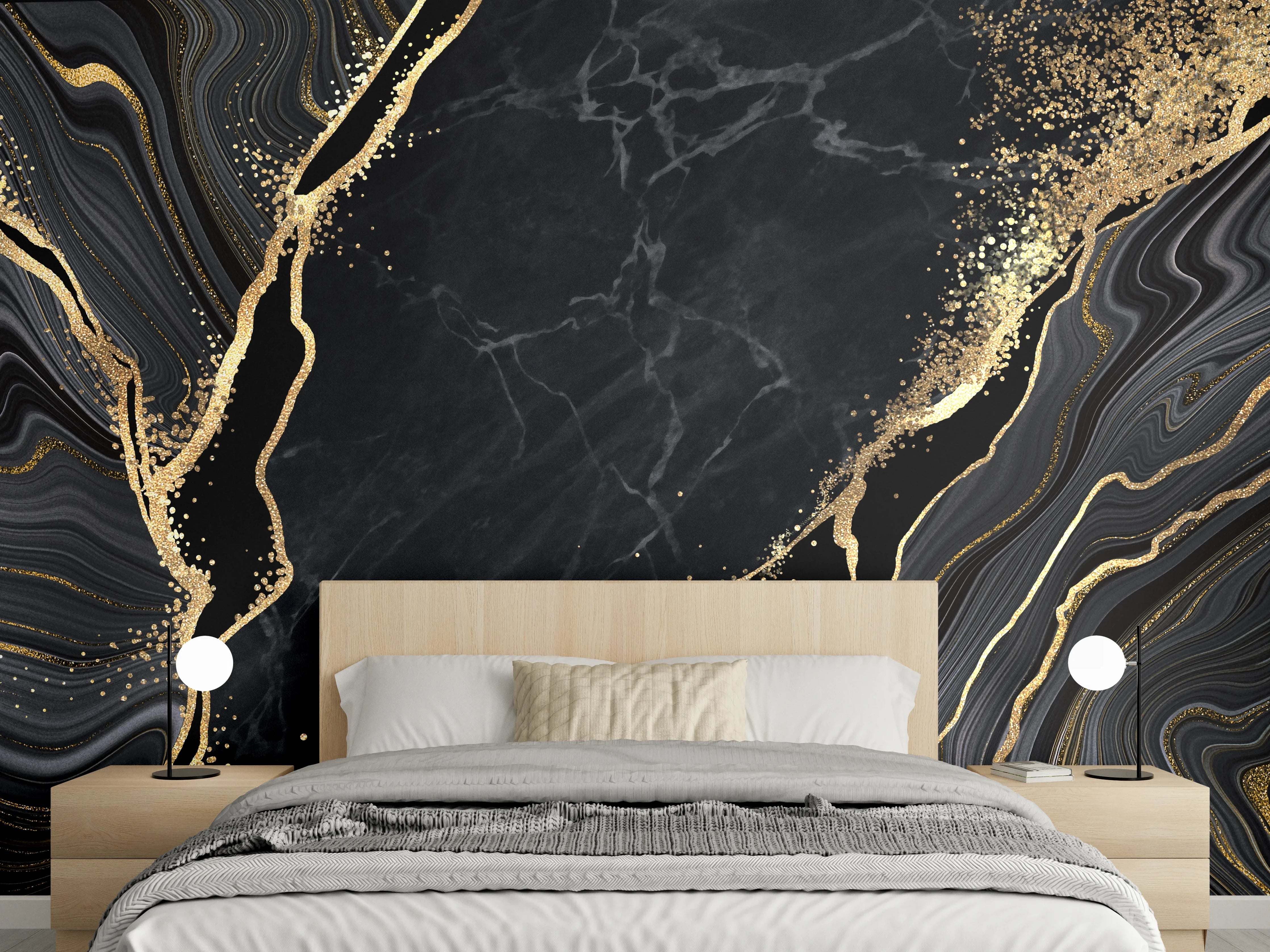 Wandverkleidung Schlafzimmer - Schwarzer Marmor mit Goldakzent