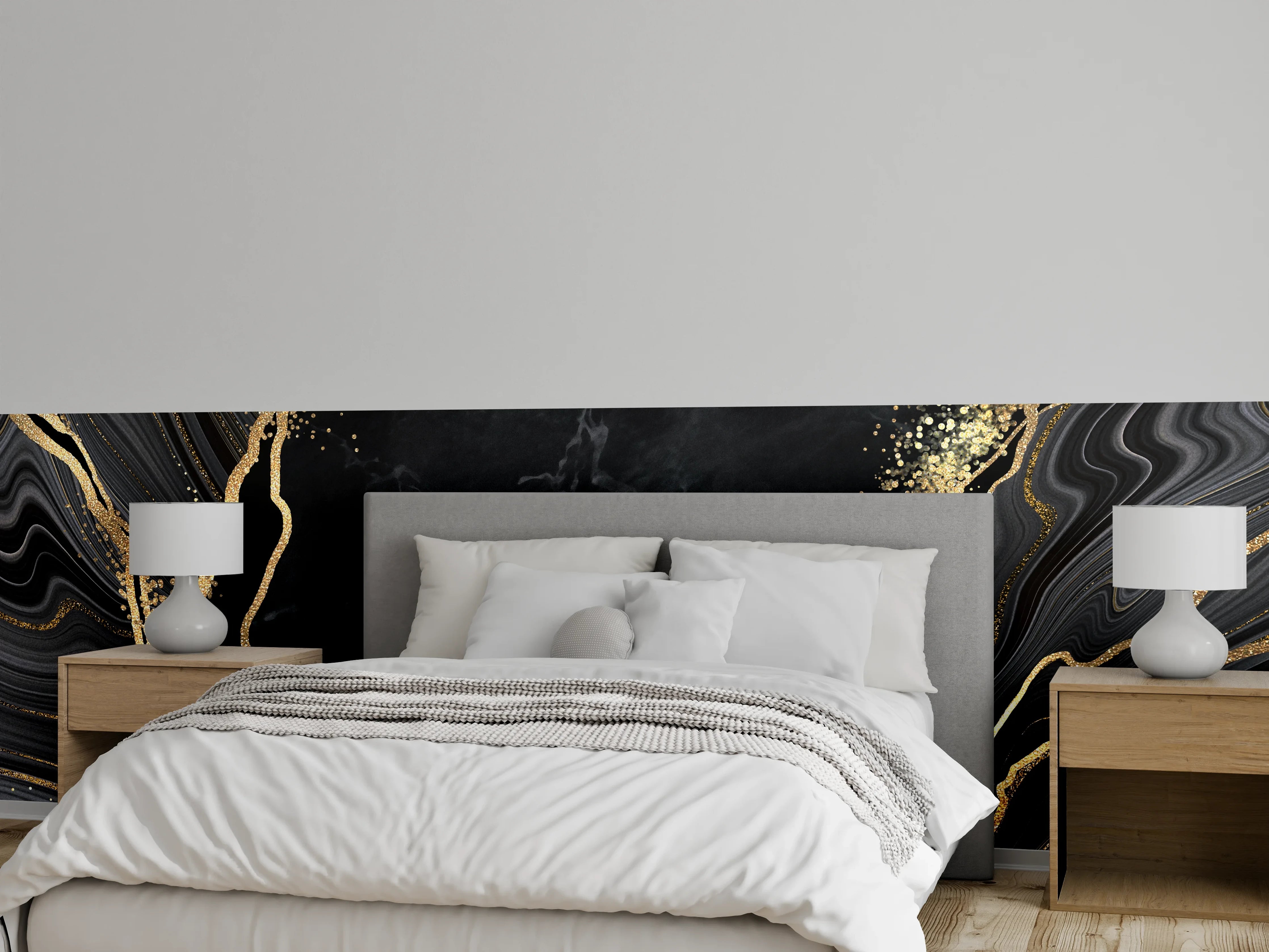 Wandverkleidung Schlafzimmer - Schwarzer Marmor mit Goldakzent