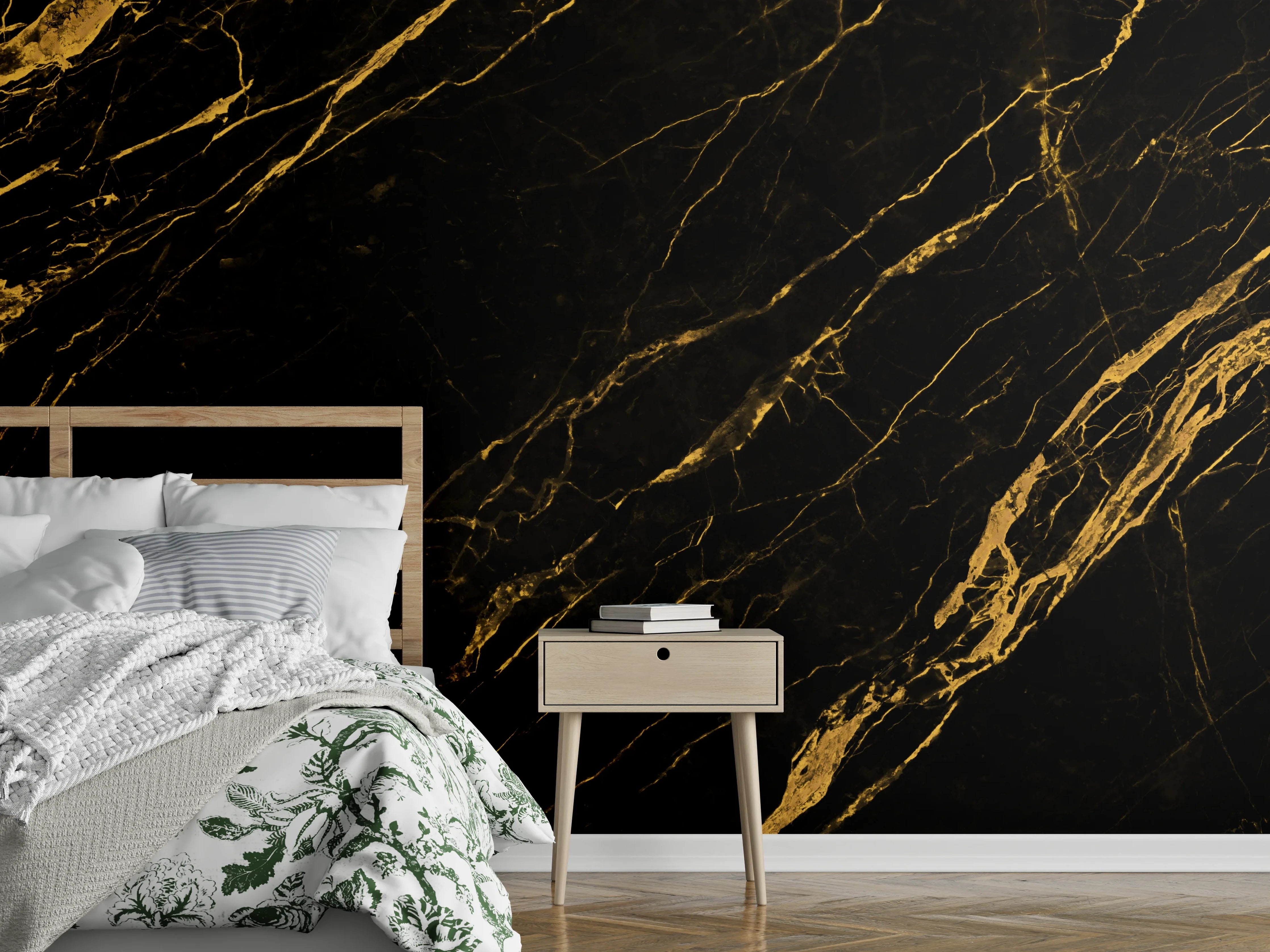 Wandverkleidung Schlafzimmer - Schwarzer Marmorhintergrund mit gelben Adern