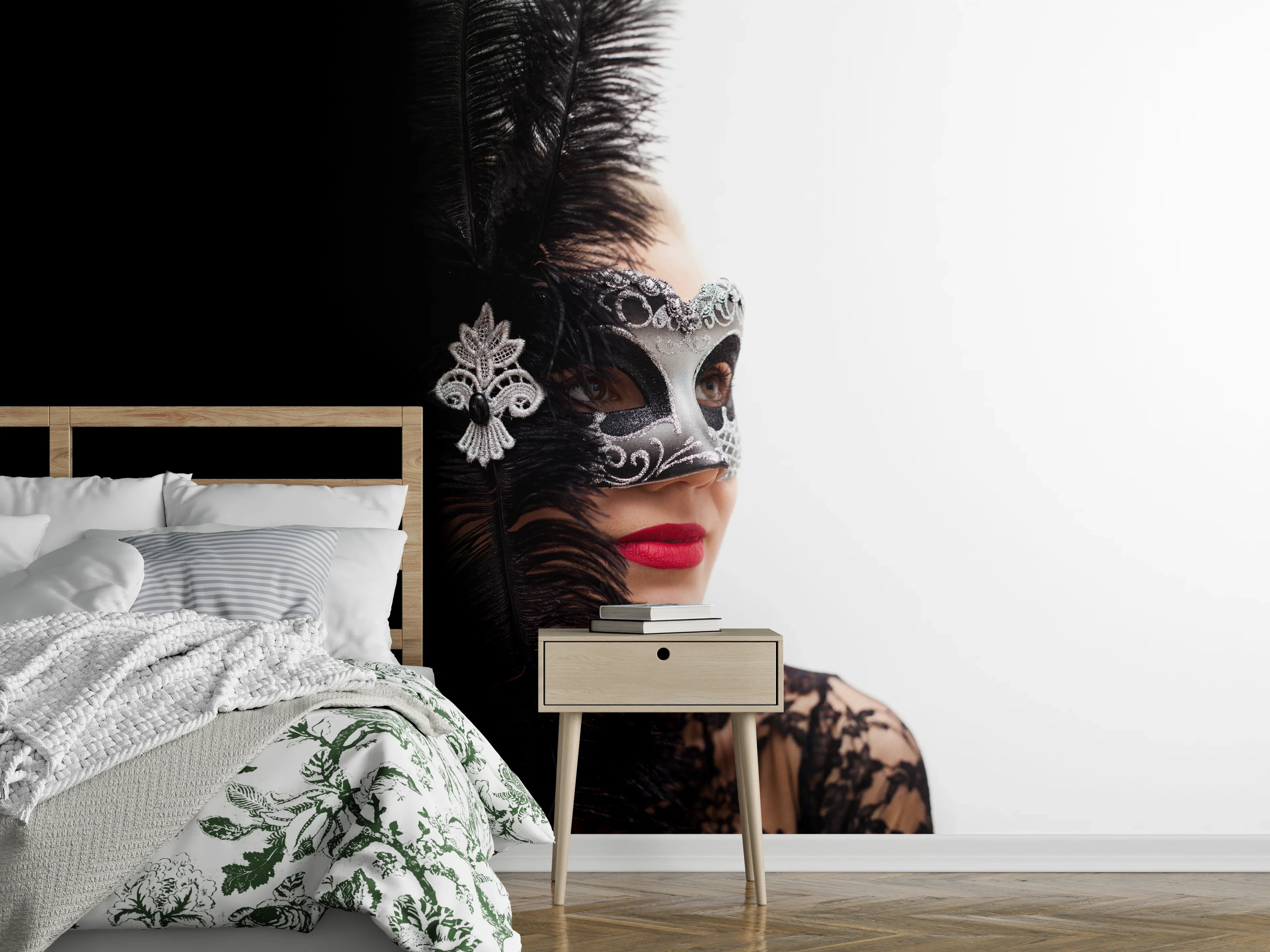 Wandverkleidung Schlafzimmer - Schwarzer Schwan Frau mit Maske