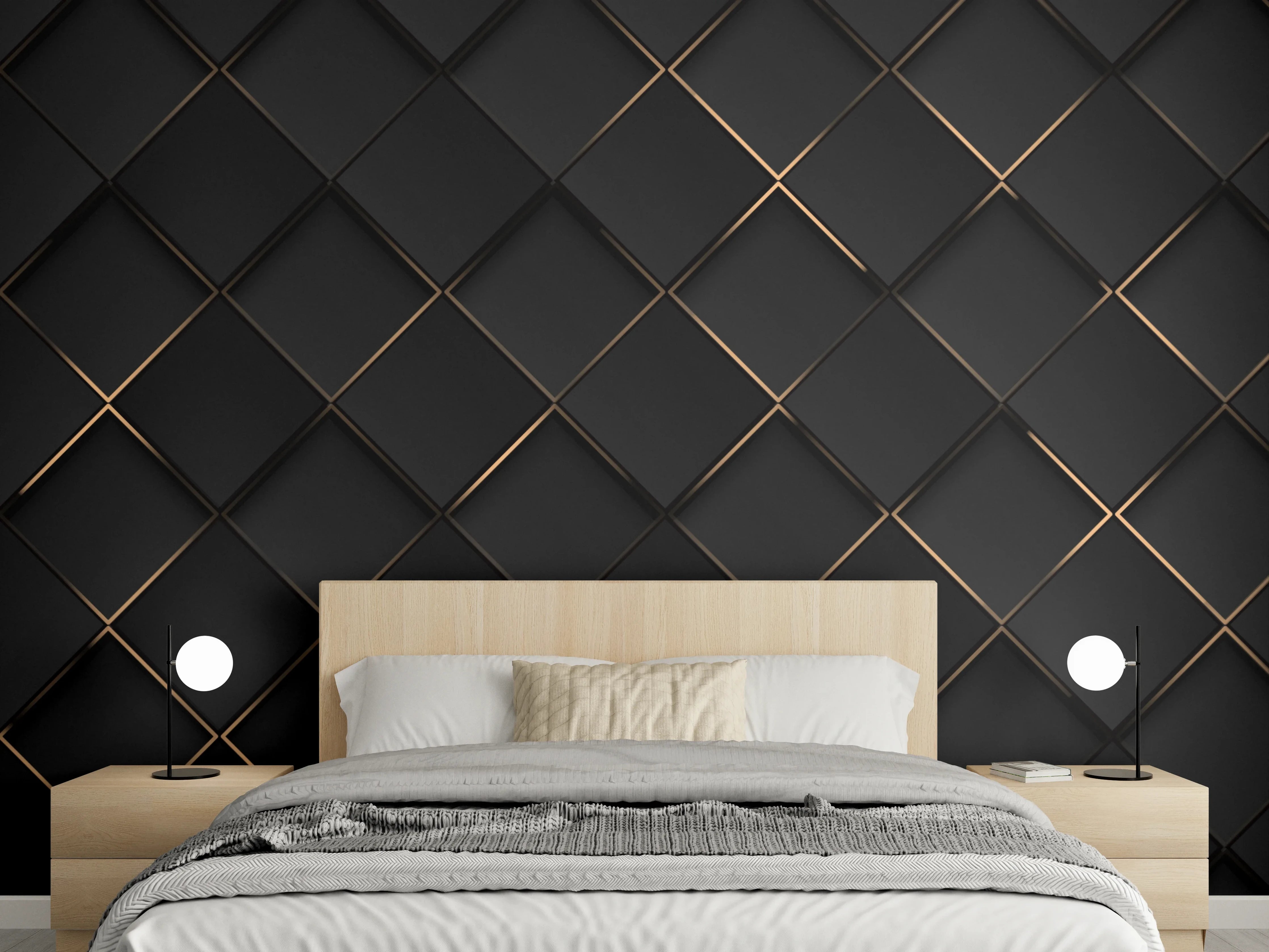 Wandverkleidung Schlafzimmer - Schwarzes 3D-Muster mit Goldlinien