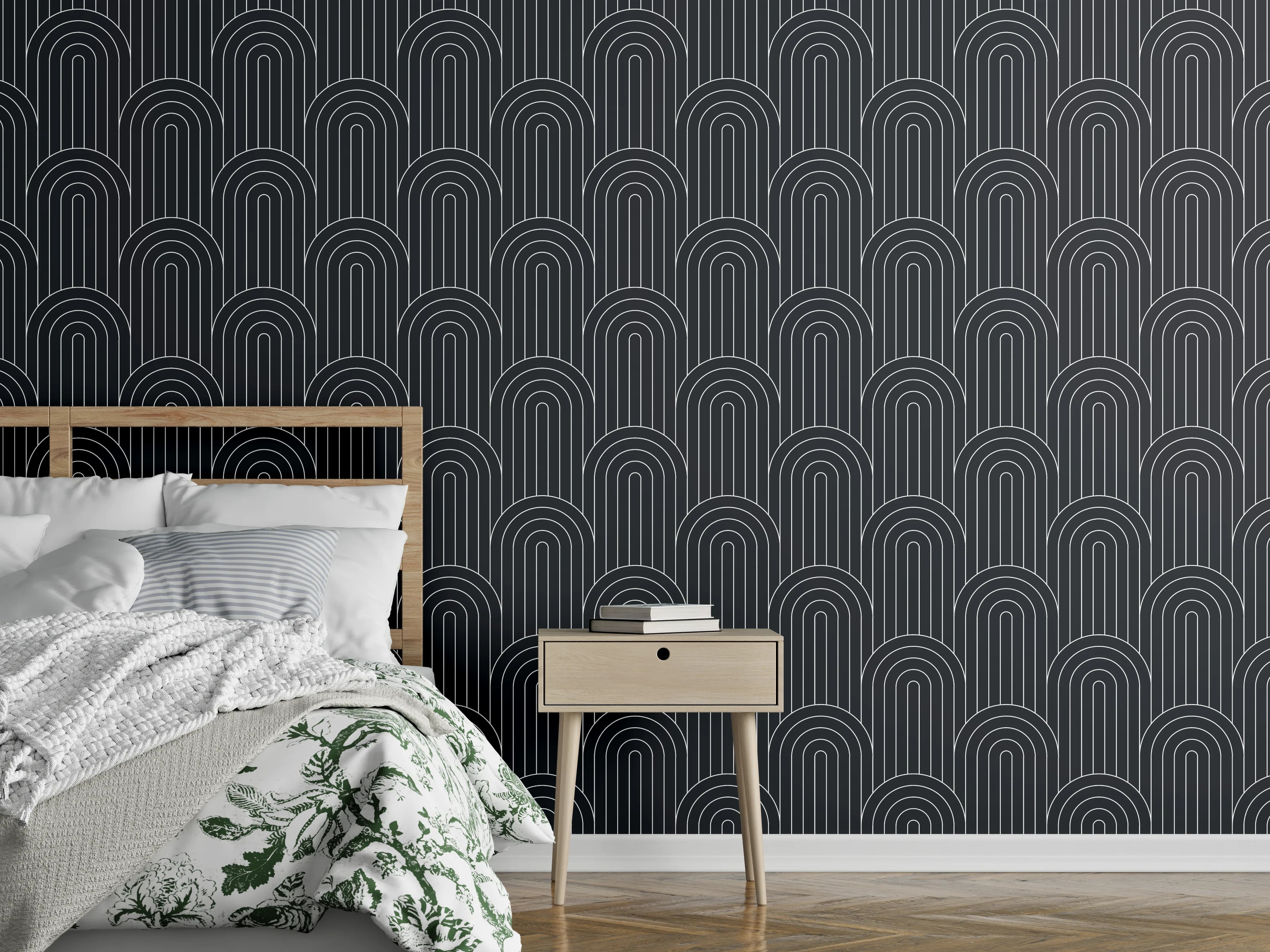 Wandverkleidung Schlafzimmer - Schwarzes Art-Deco Muster modern