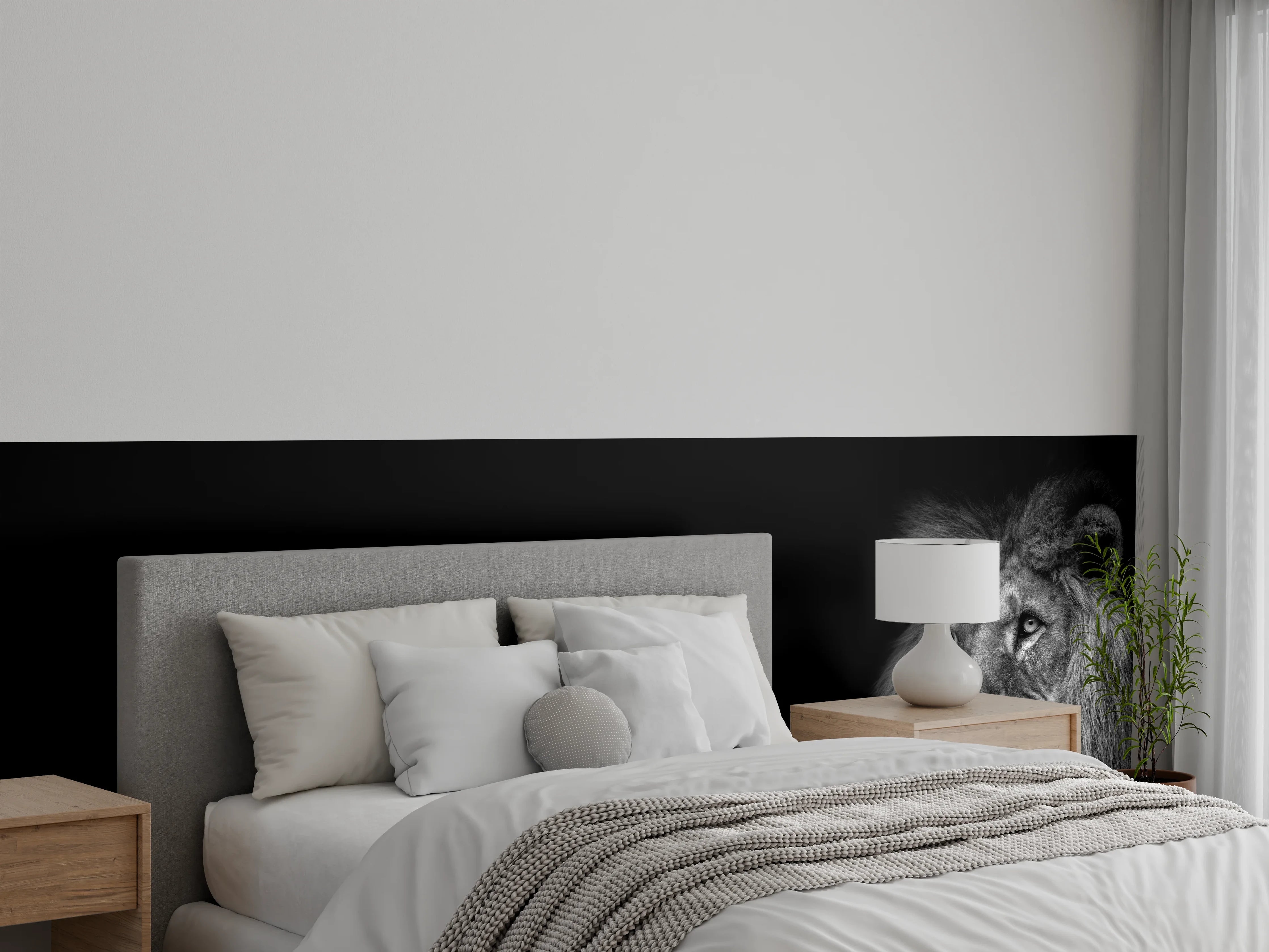 Wandverkleidung Schlafzimmer - Schwarzweiß Löwenporträt Kontrast