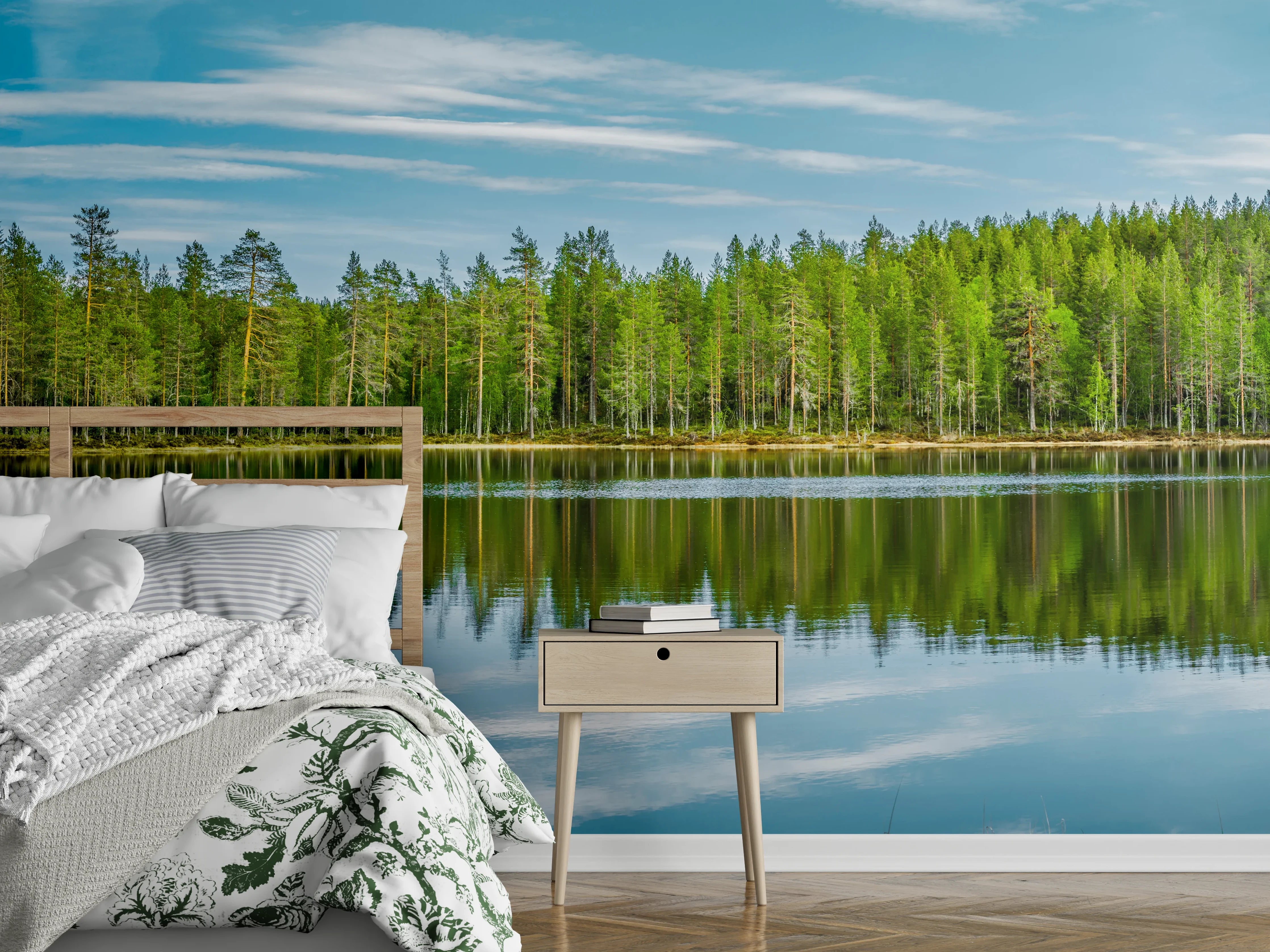 Wandverkleidung Schlafzimmer - Schwedisches See-Panorama Grün-Blau