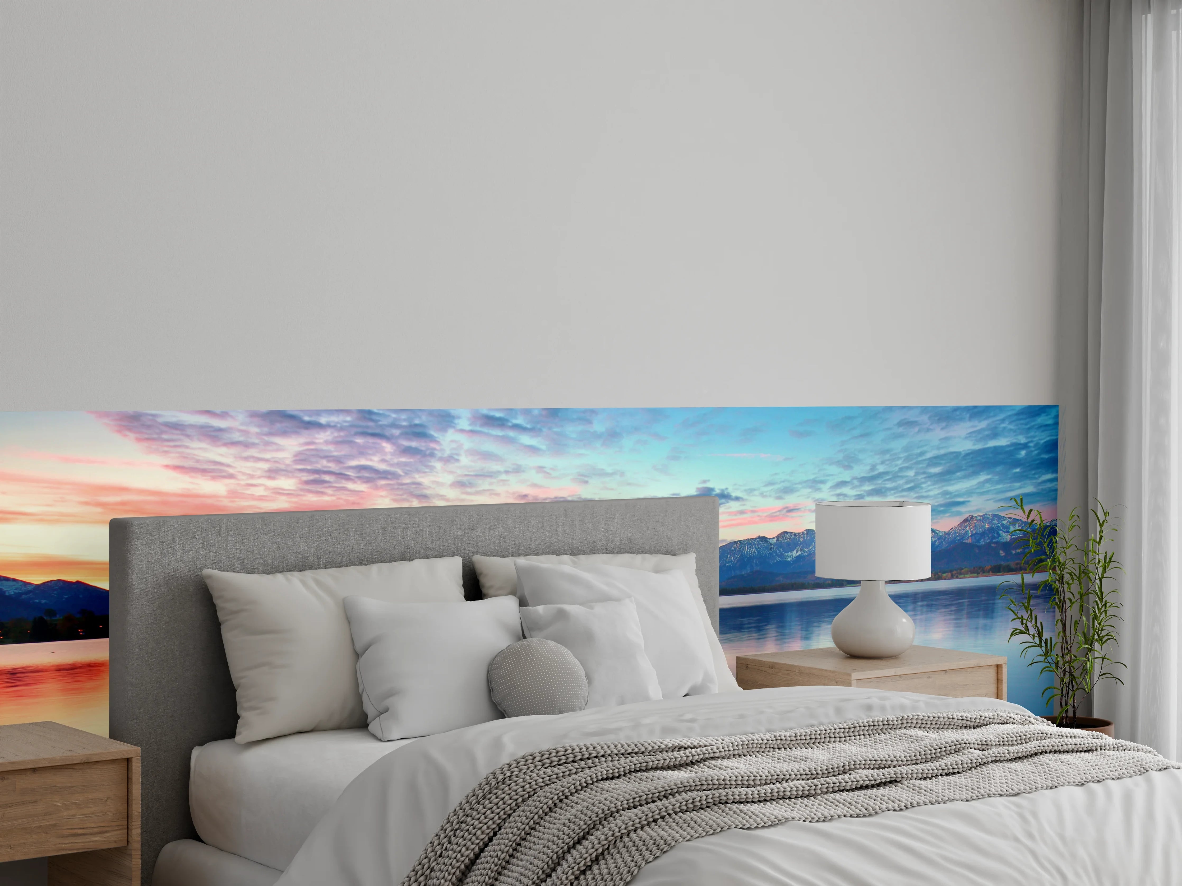Wandverkleidung Schlafzimmer - See am Steg Sonnenuntergang Berge
