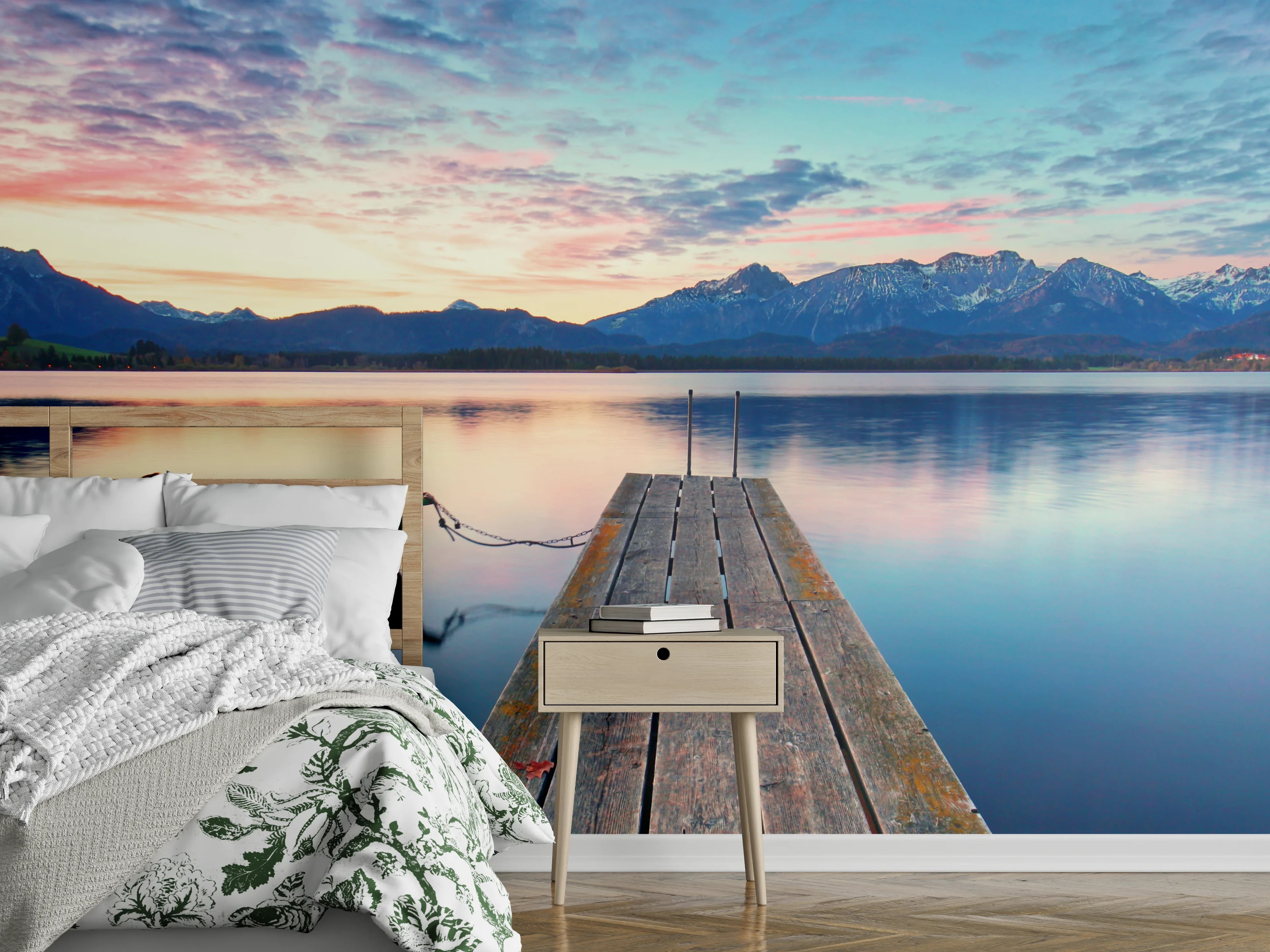 Wandverkleidung Schlafzimmer - See am Steg Sonnenuntergang Berge