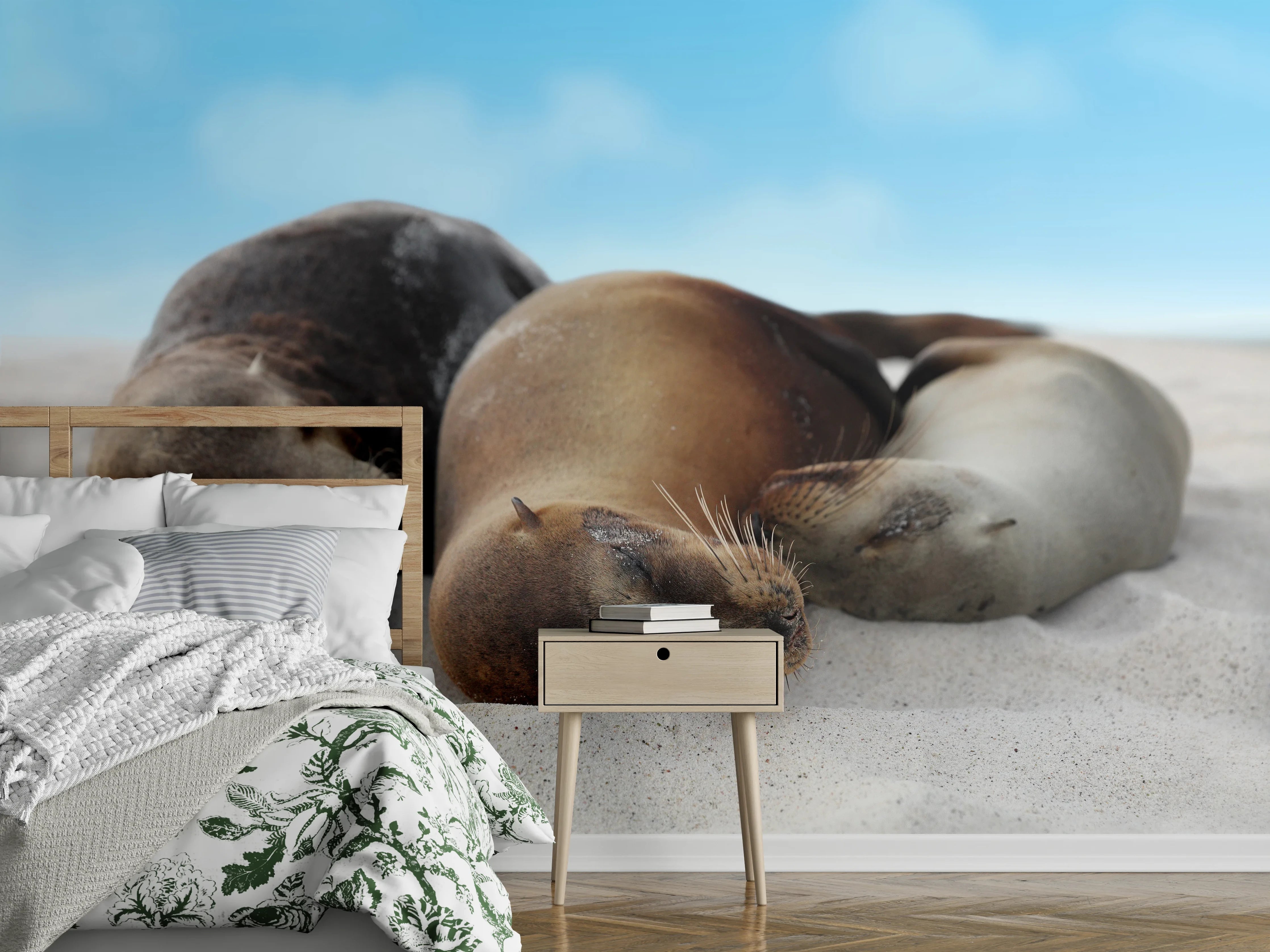 Wandverkleidung Schlafzimmer - Seelöwen im Sand liegend