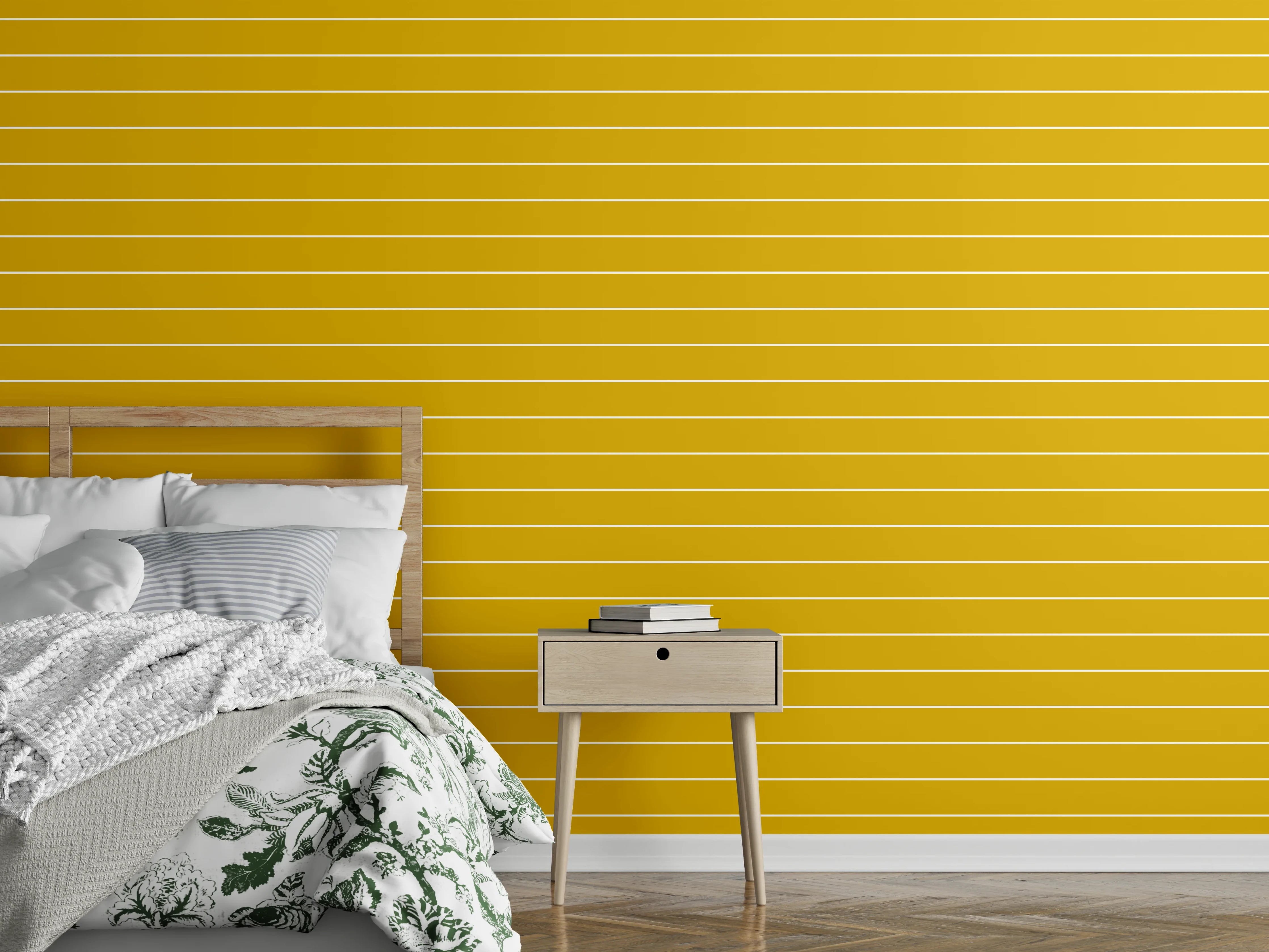 Wandverkleidung Schlafzimmer - Senfgelbes Streifenmuster als Wanddekor