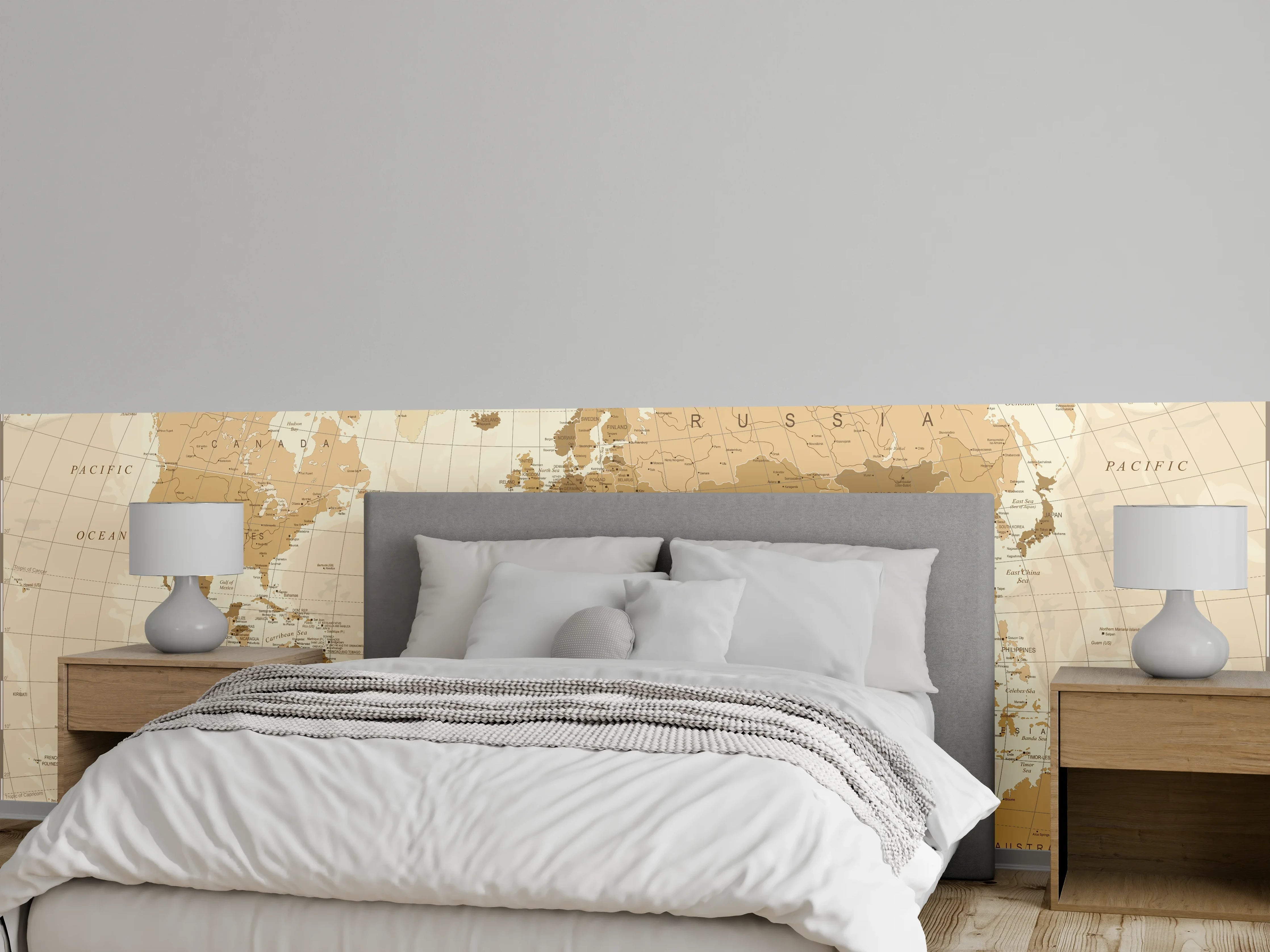 Wandverkleidung Schlafzimmer - Sepia Vintage Weltkarte in dezenten Grautönen