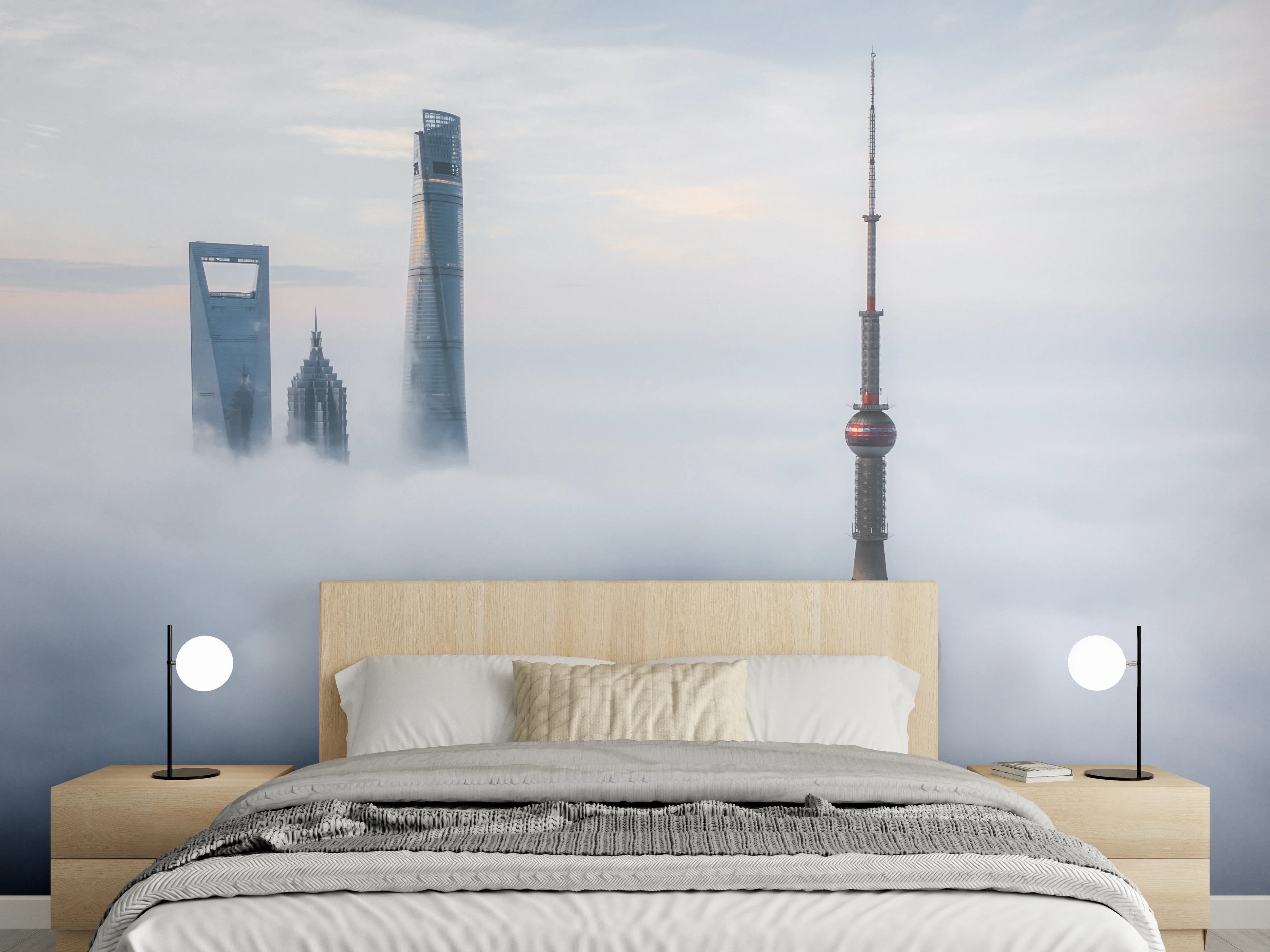 Wandverkleidung Schlafzimmer - Shanghai Skyline im Nebelpanorama