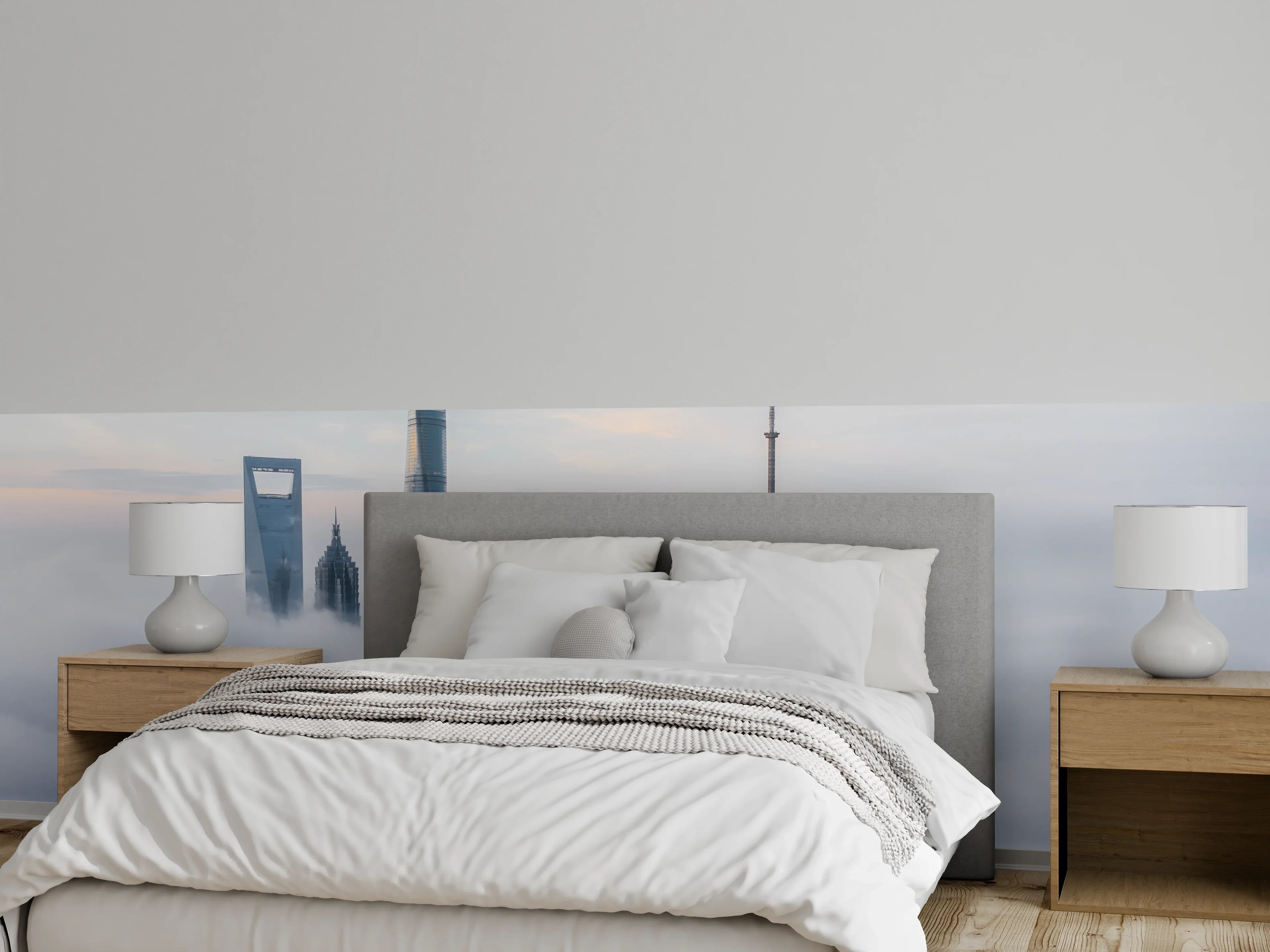 Wandverkleidung Schlafzimmer - Shanghai Skyline im Nebelpanorama
