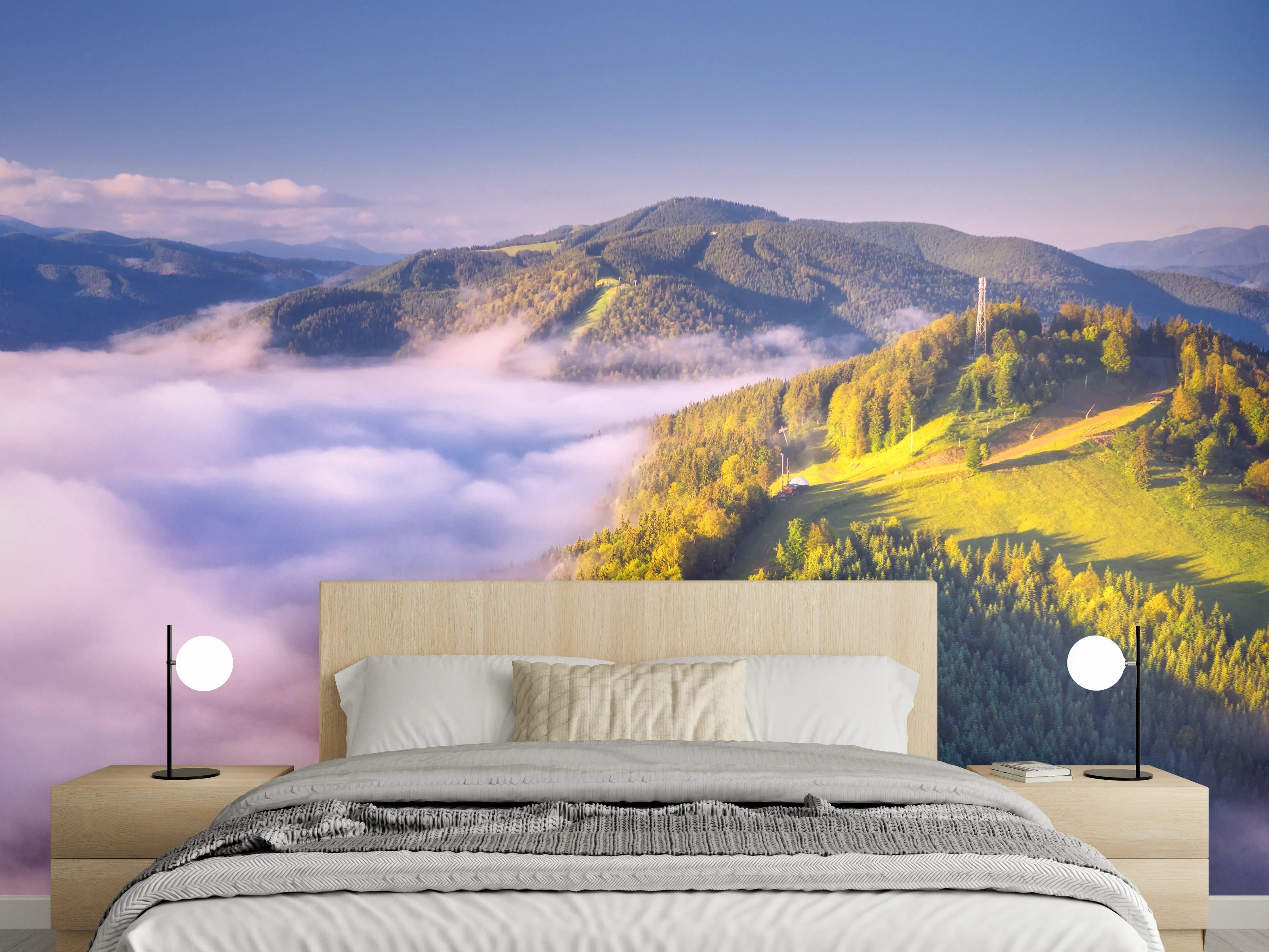 Wandverkleidung Schlafzimmer - Silbergraue Gipfel im Morgendunst