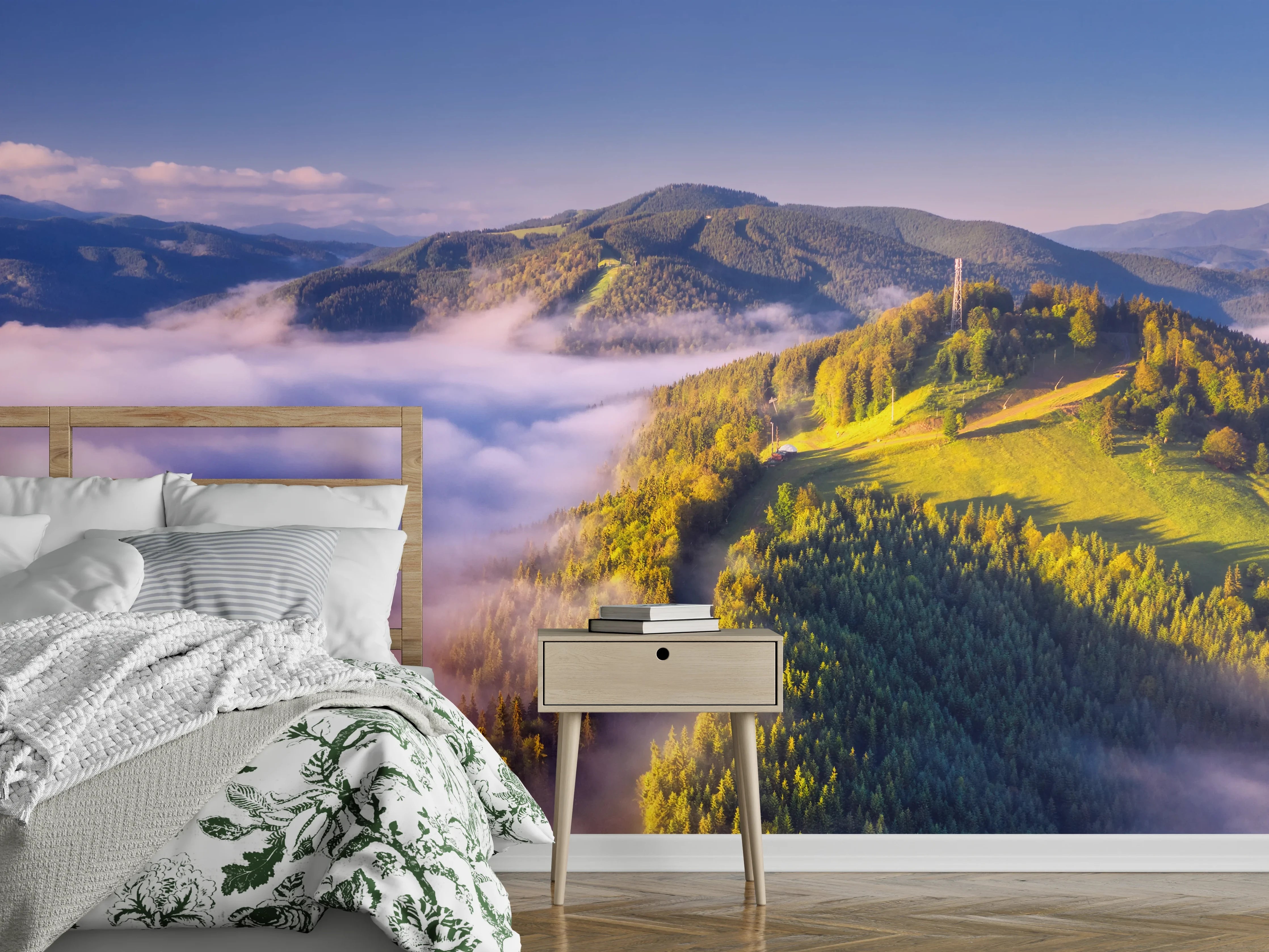 Wandverkleidung Schlafzimmer - Silbergraue Gipfel im Morgendunst