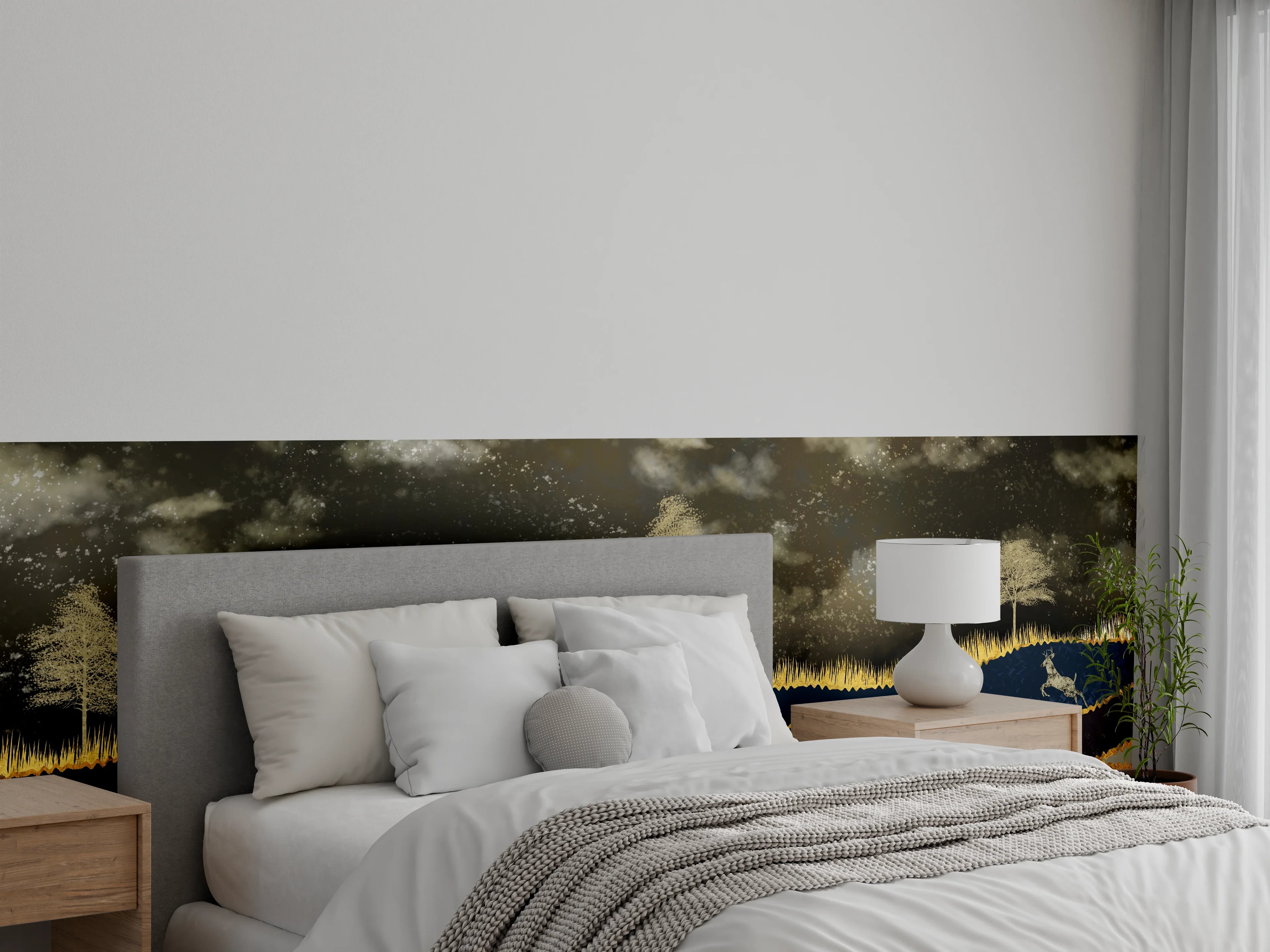 Wandverkleidung Schlafzimmer - Silbergraue Hirschträume im Birkenhain