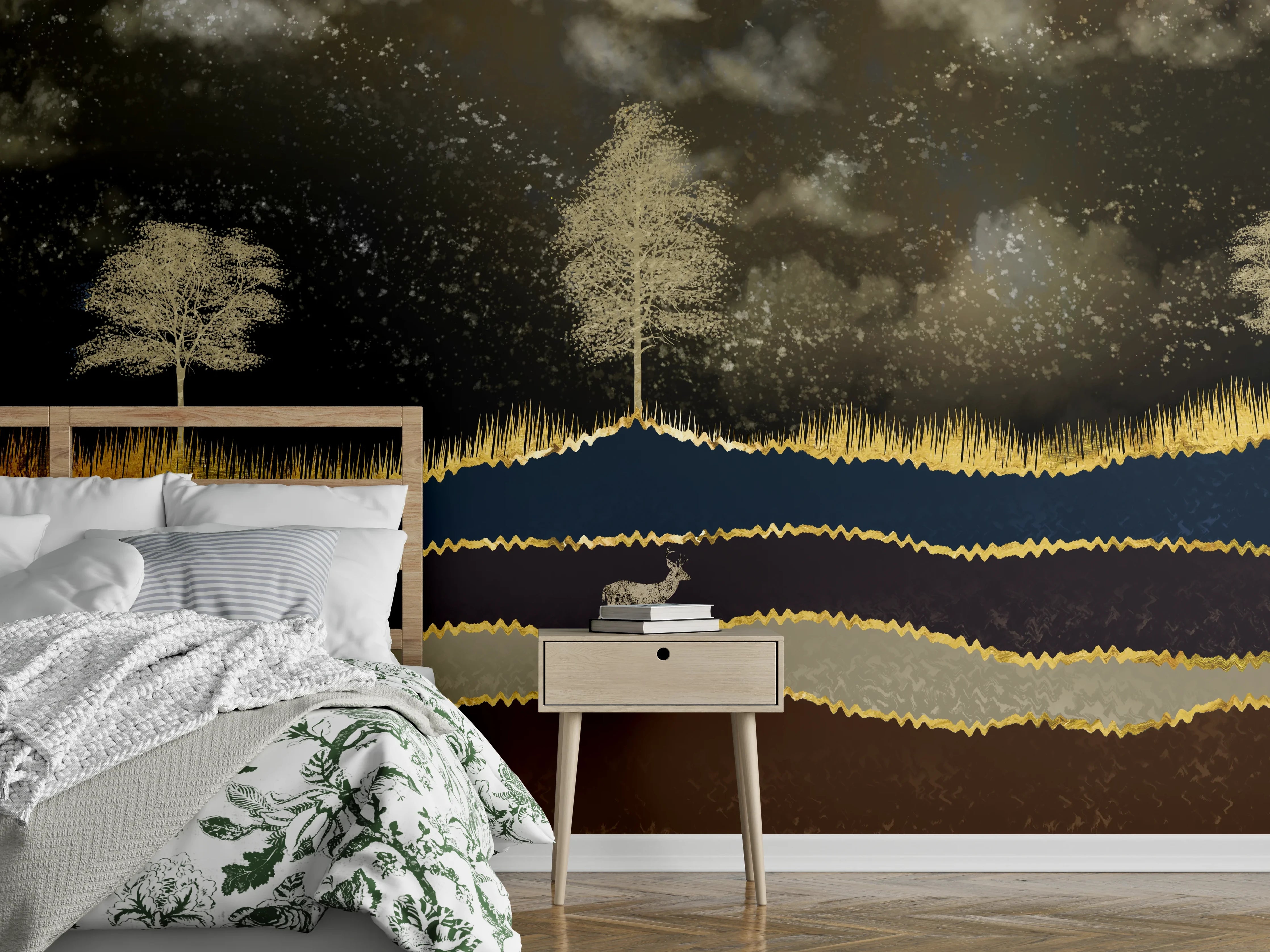Wandverkleidung Schlafzimmer - Silbergraue Hirschträume im Birkenhain