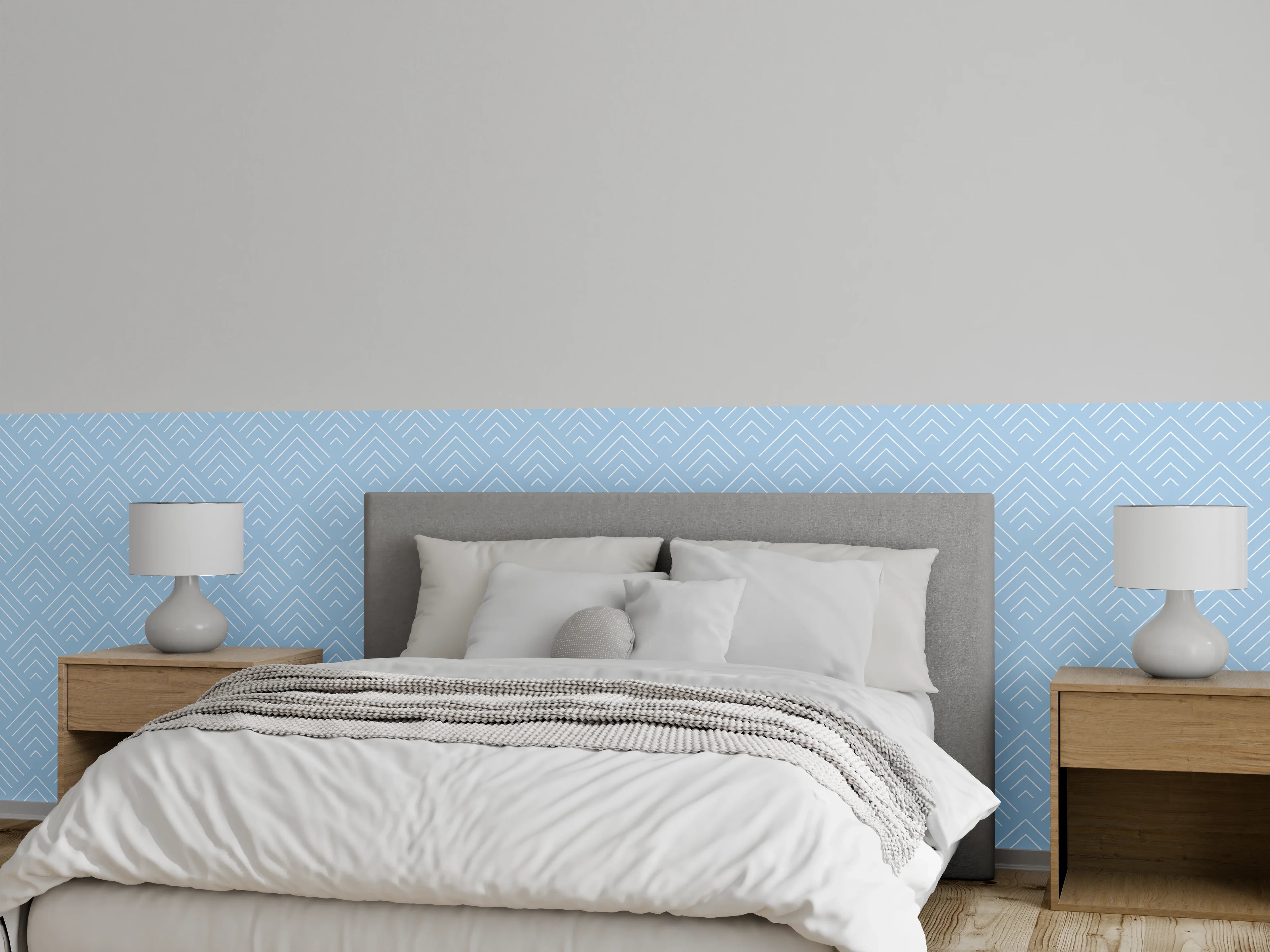 Wandverkleidung Schlafzimmer - Silbergraue Strukturen auf Blassblau