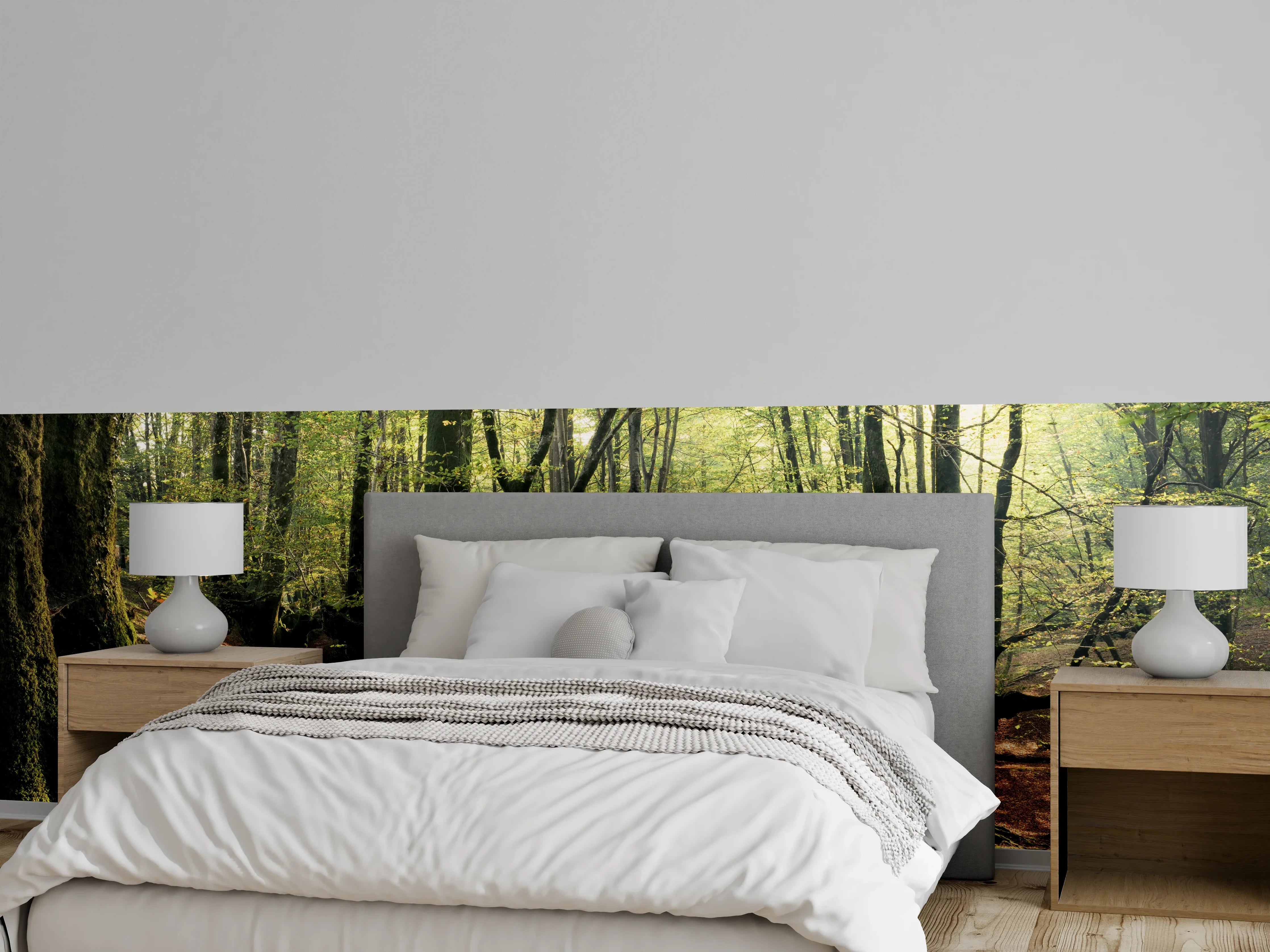 Wandverkleidung Schlafzimmer - Silberne Lichtschleier im Nebelwald