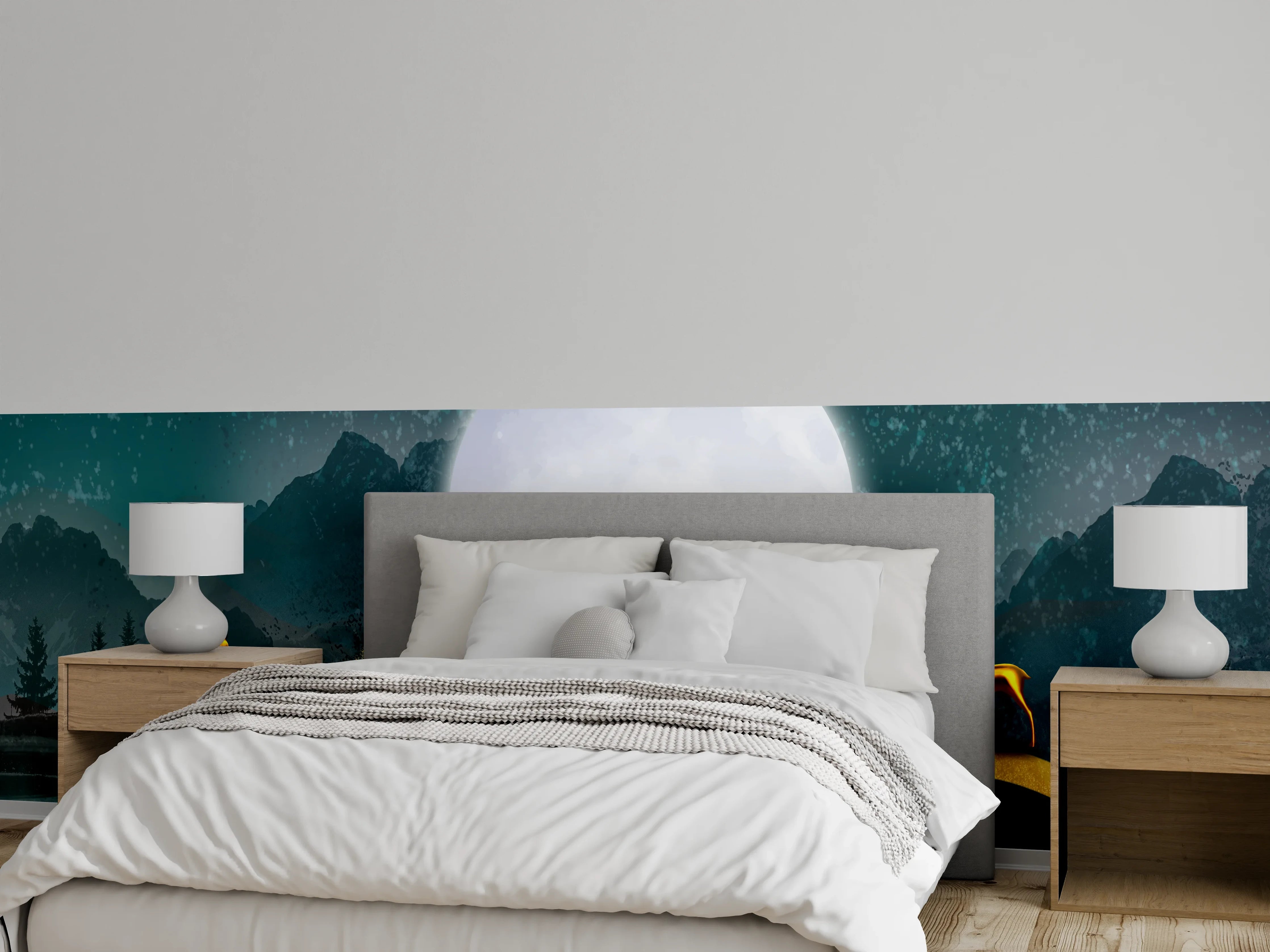 Wandverkleidung Schlafzimmer - Silberne Rehe in Nebellicht