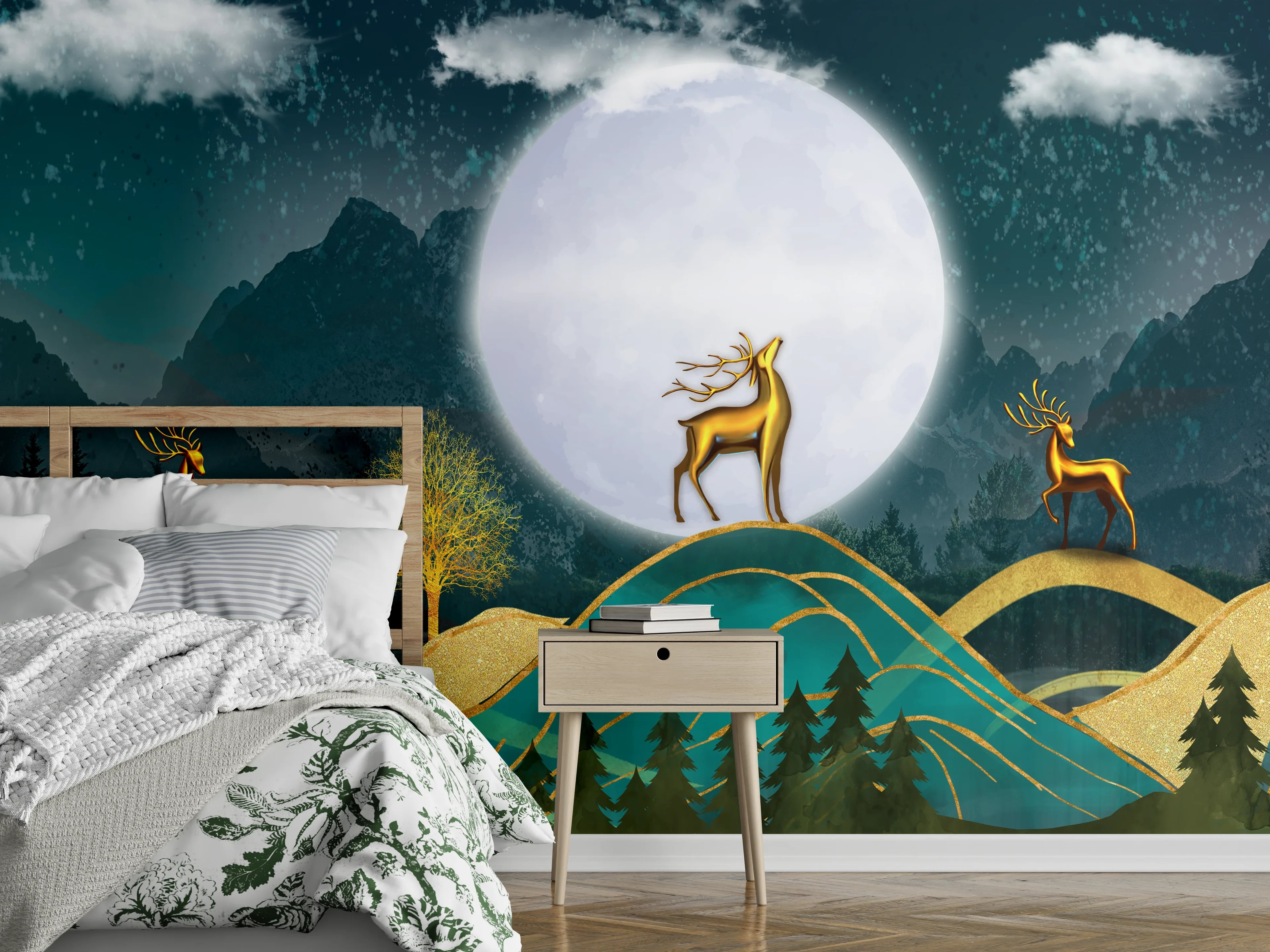 Wandverkleidung Schlafzimmer - Silberne Rehe in Nebellicht