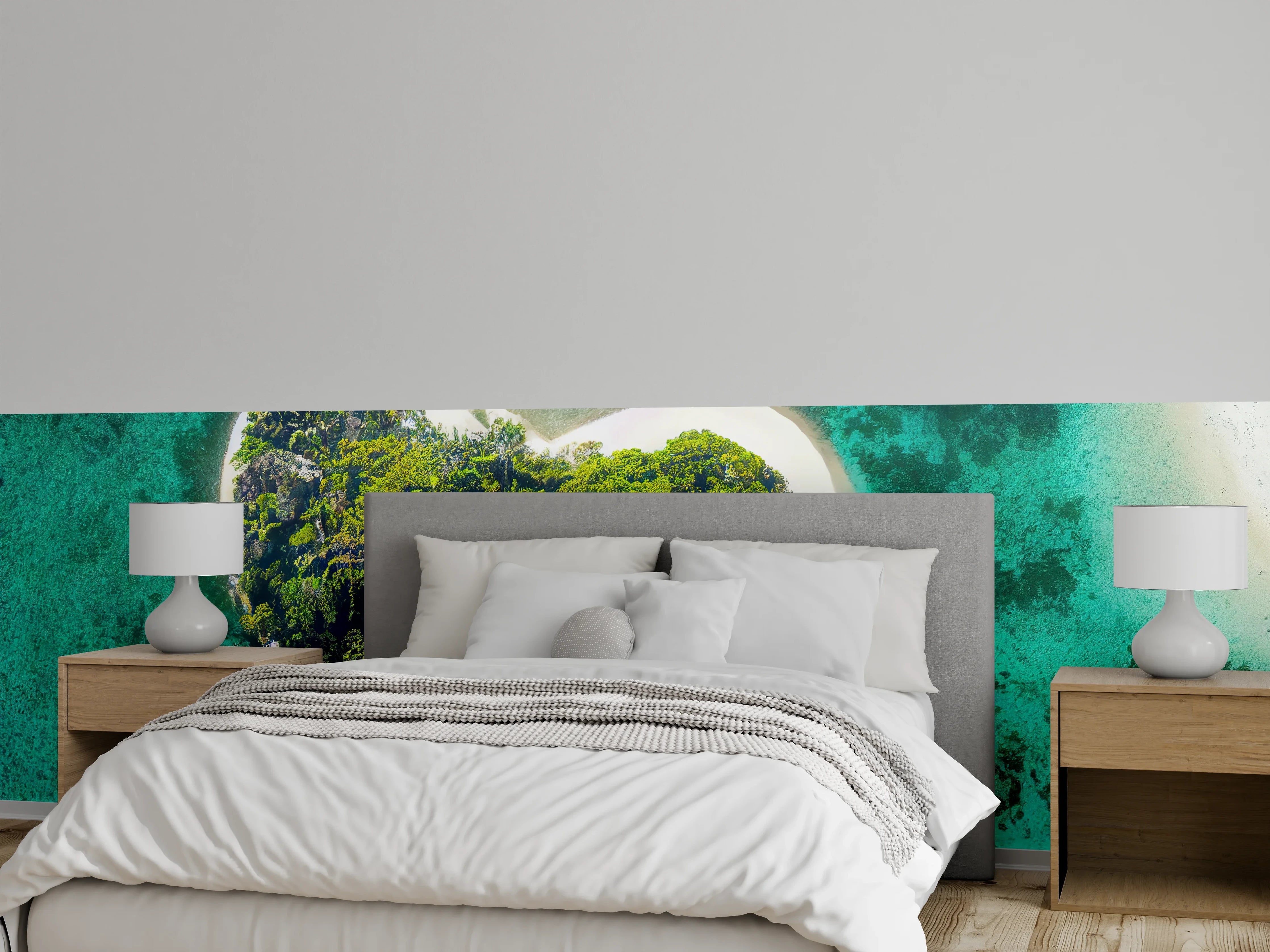 Wandverkleidung Schlafzimmer - Silberweiße Insel im graublauen Ozean