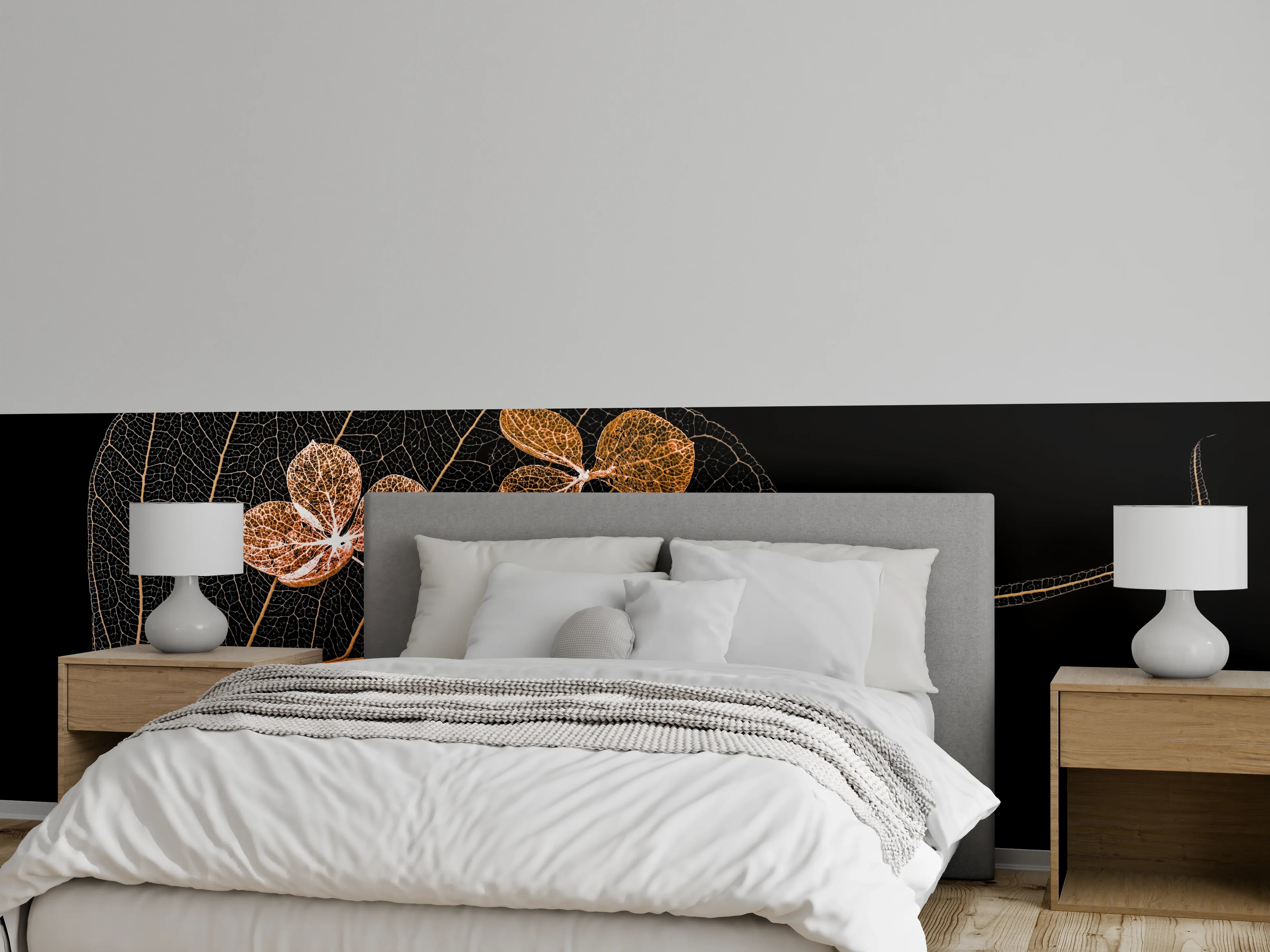 Wandverkleidung Schlafzimmer - Skelettblatt mit Blüte auf Schwarz