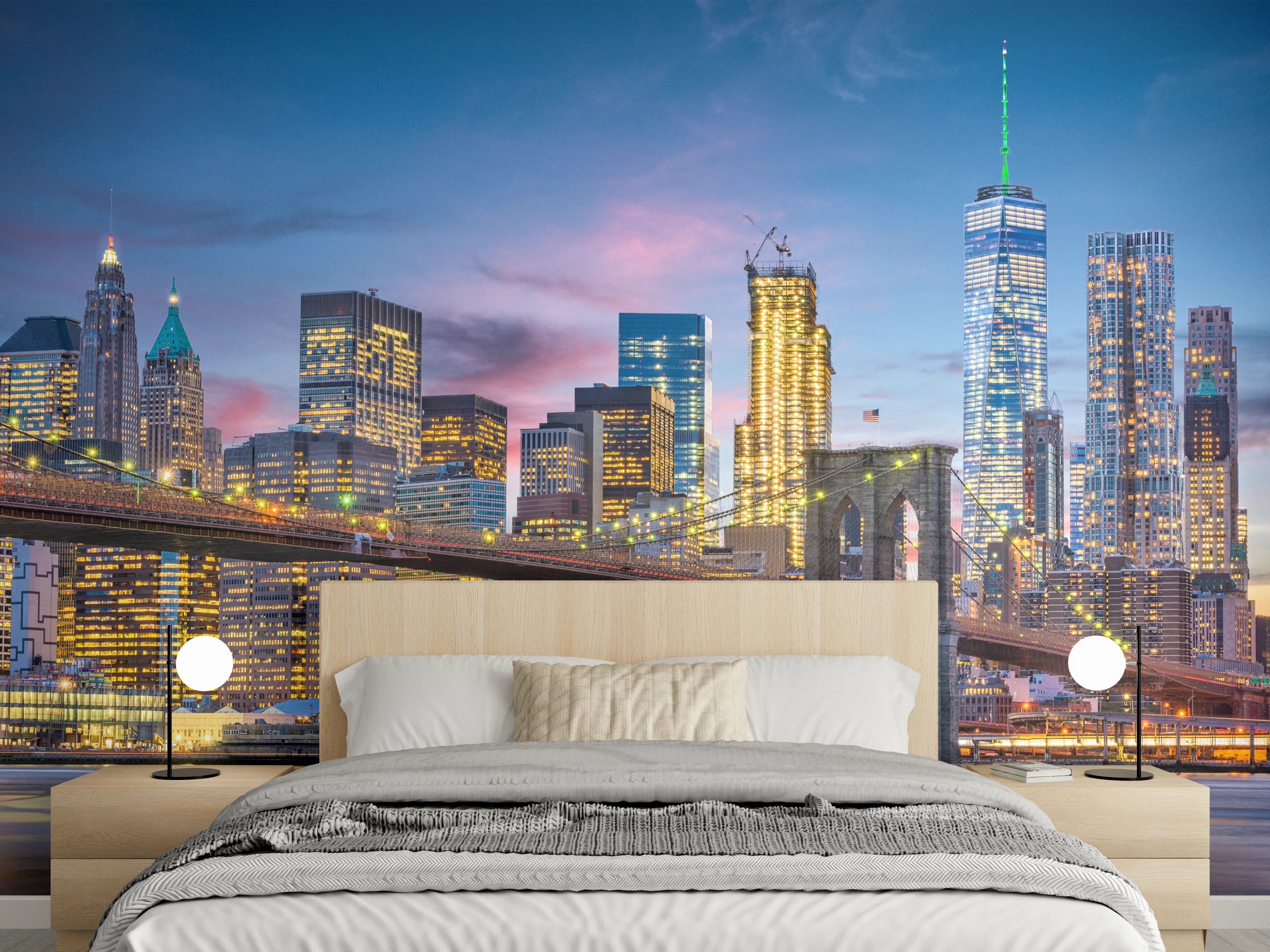 Wandverkleidung Schlafzimmer - Skyline New York: Lichter am Abend