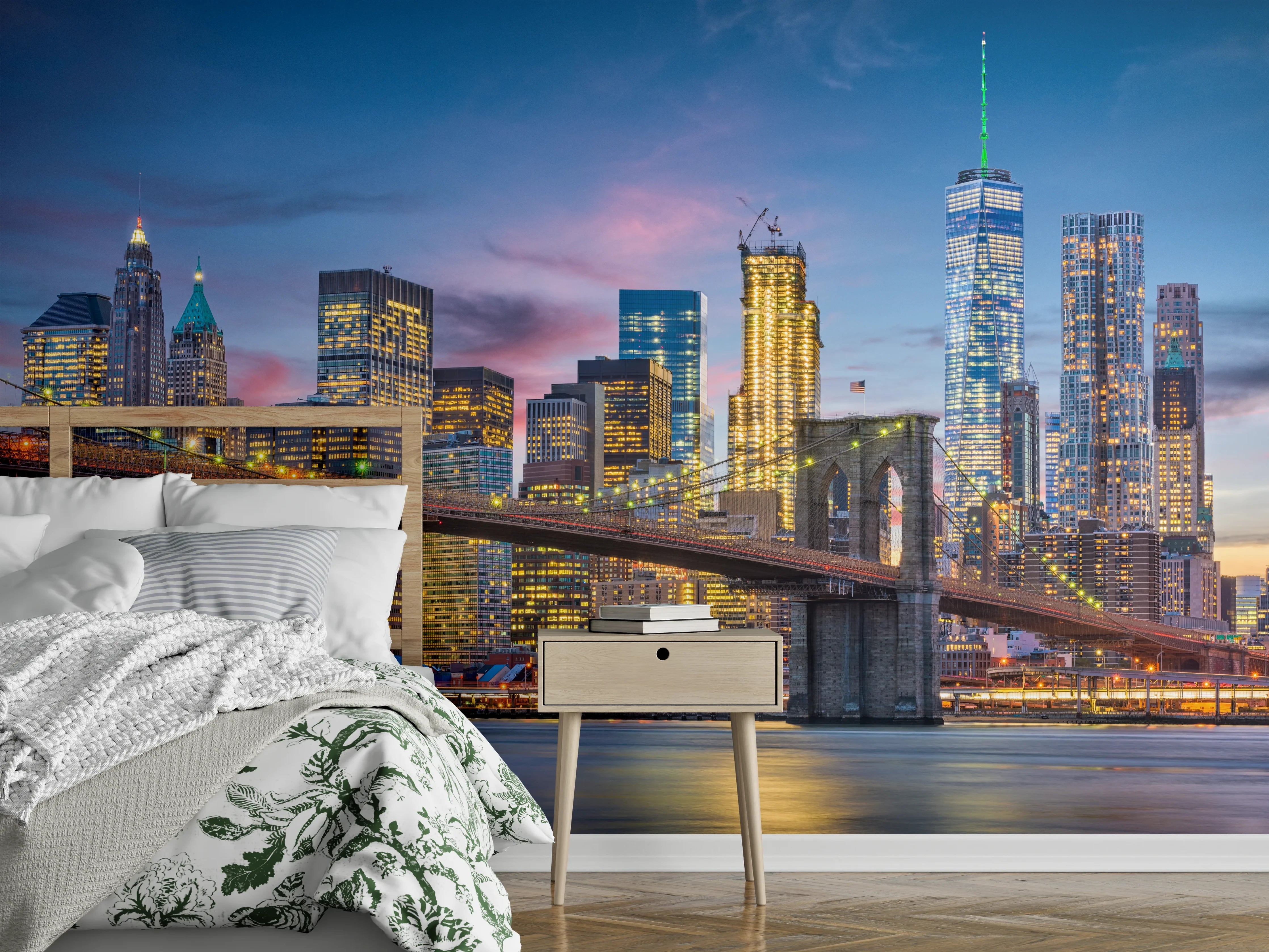 Wandverkleidung Schlafzimmer - Skyline New York: Lichter am Abend